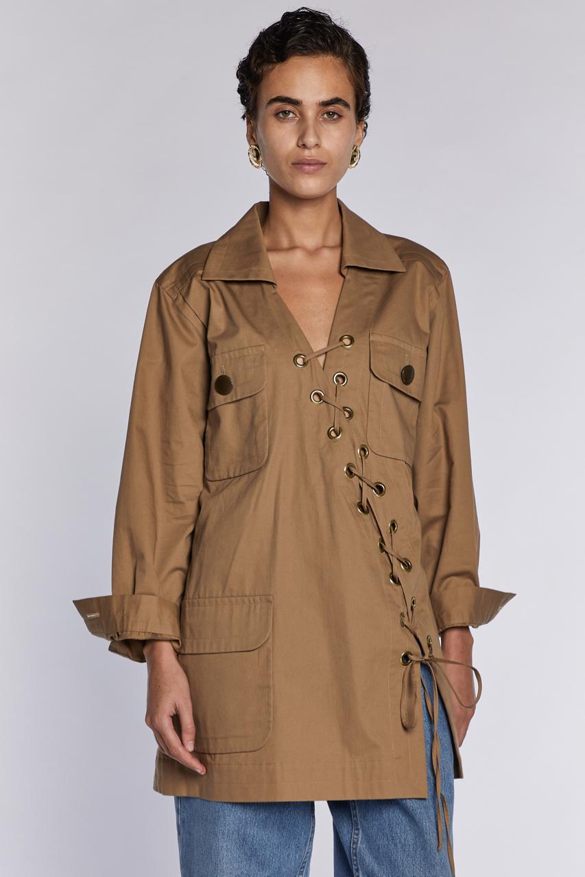 Marrone Yves Saint Laurent Rive Gauche Safari Tunica P/E 1990 in vendita