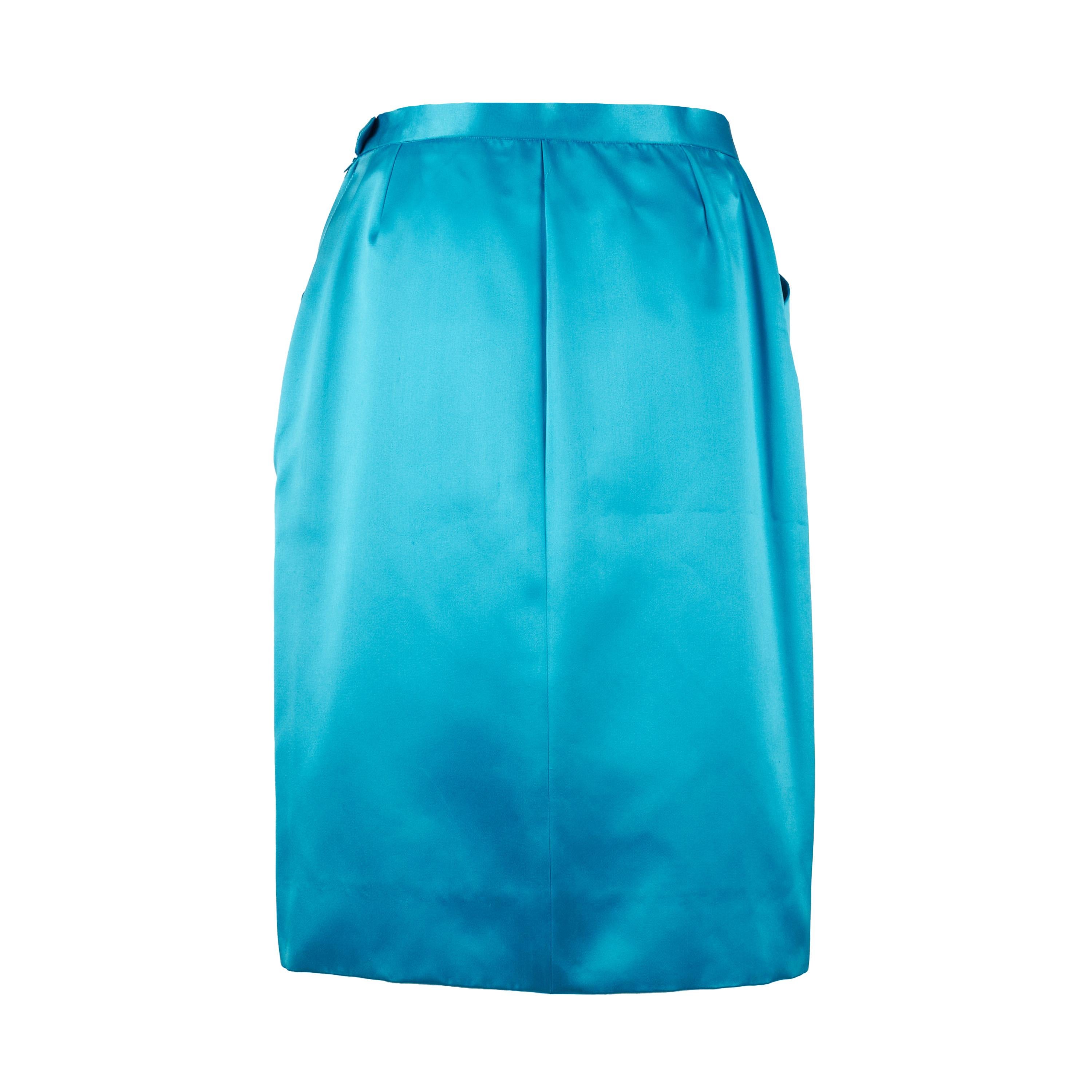 Blue Yves Saint Laurent Rive Gauche Satin Pencil Skirt For Sale