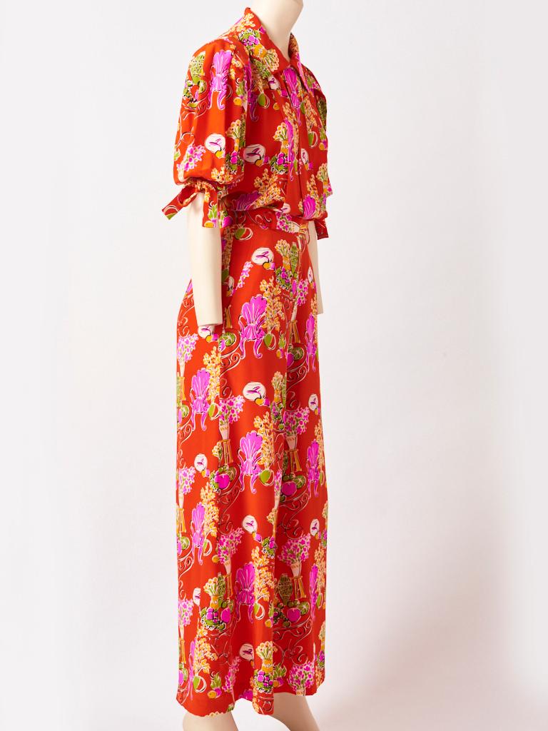 Red Yves Saint Laurent Rive Gauche Silk Floral Print Pajama Ensemble.
