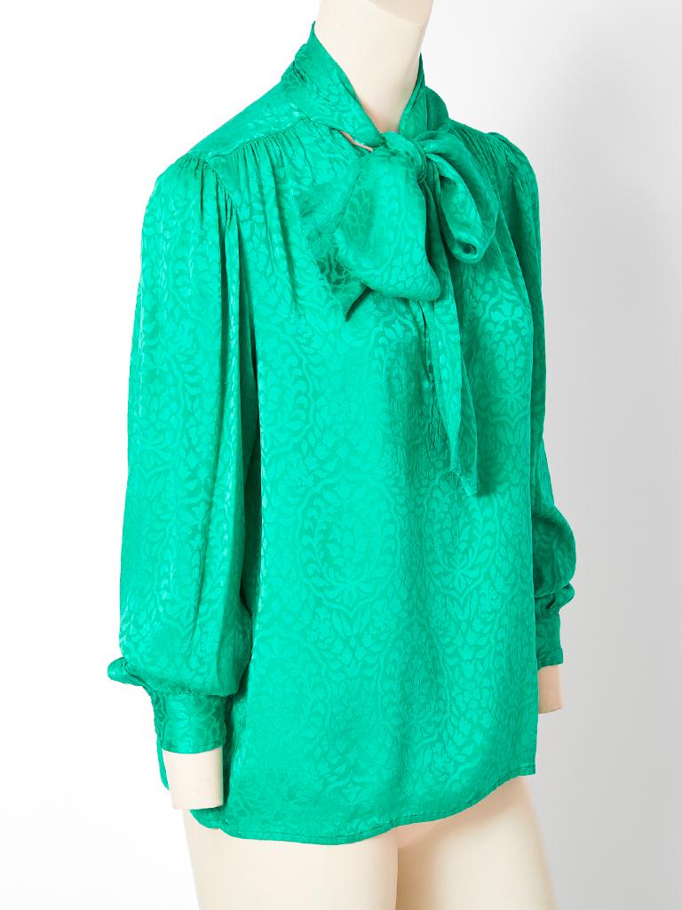 Yves Saint Laurent, Rive Gauche, emerald green, silk jacquard, lavaliere blouse .