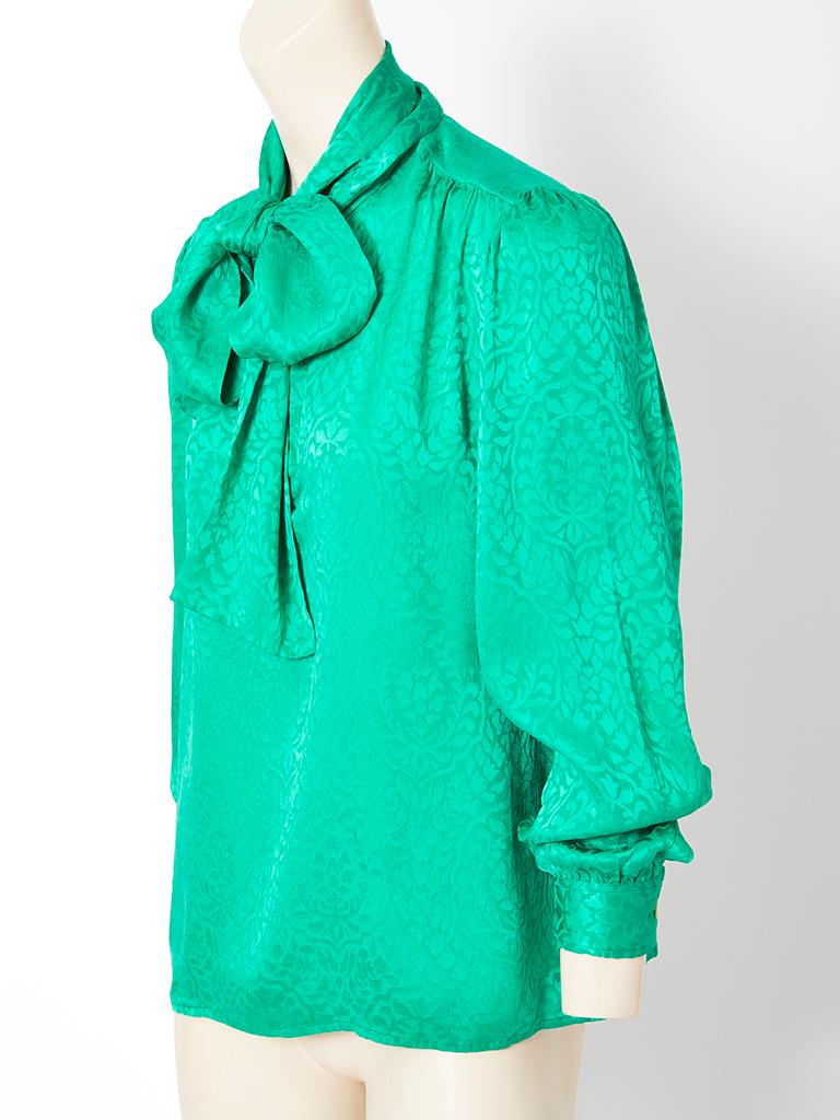 Blue Yves Saint Laurent Rive Gauche Silk Jacquard Lavaliere Blouse