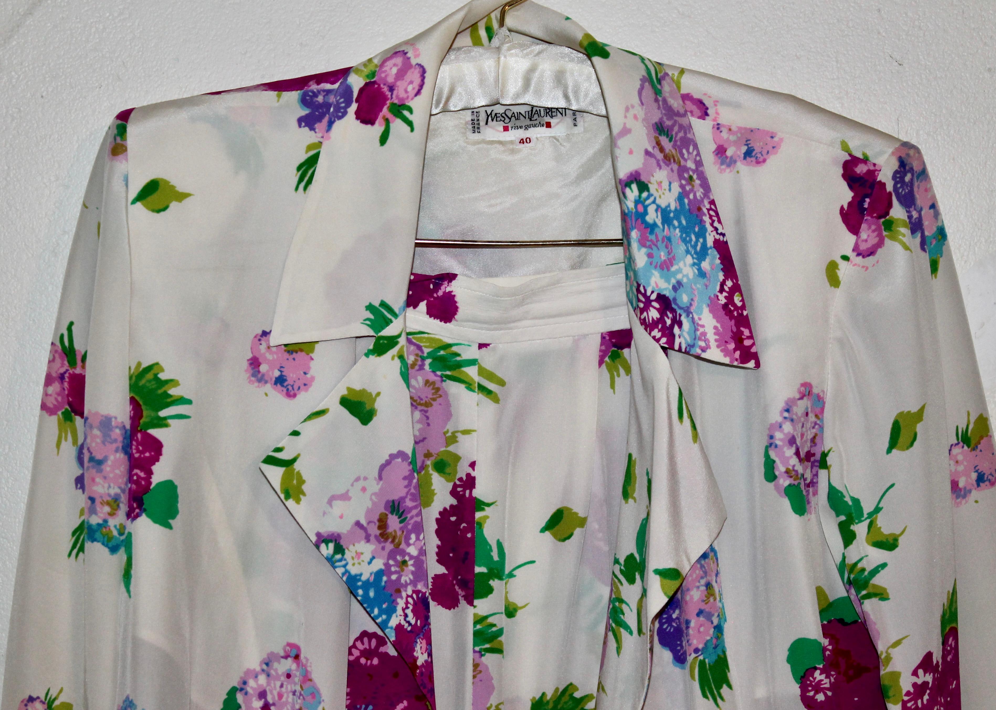White silk 'summer' floral ensemble. Blouse with padded shoulders, no buttons and slits on the sides, ties with a 92x4