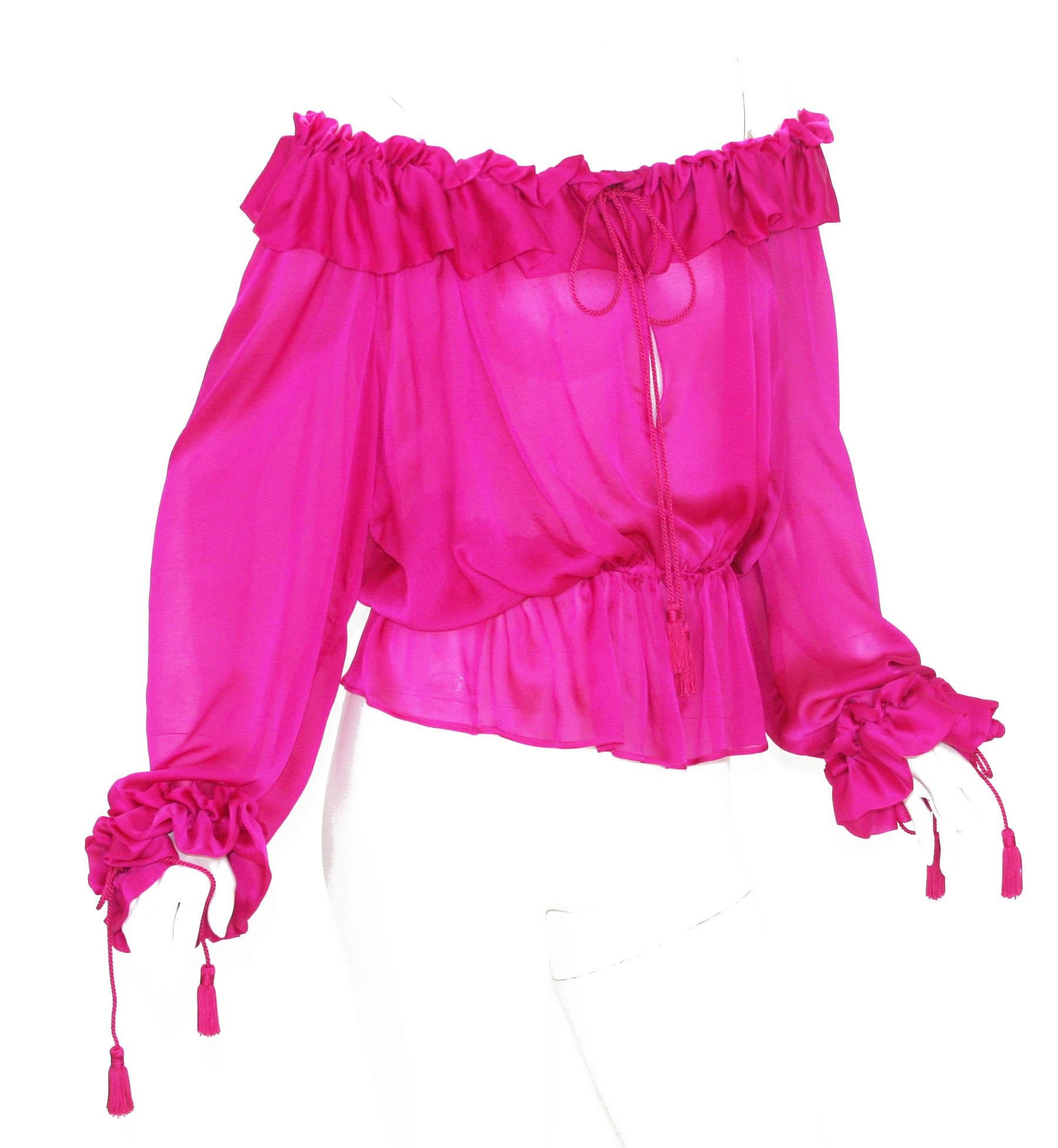 Vintage Yves Saint Laurent Rive Gauche Off-Shoulder Top Blouse
Designer size - French 38 ( US 6 )
100% Silk, Amazing Hot Bougainvillea Color, Off-Shoulder Style, Ruffled, Keyhole at Front, Decorative Rope, Stretch Top and Waist.
Measurements: Length