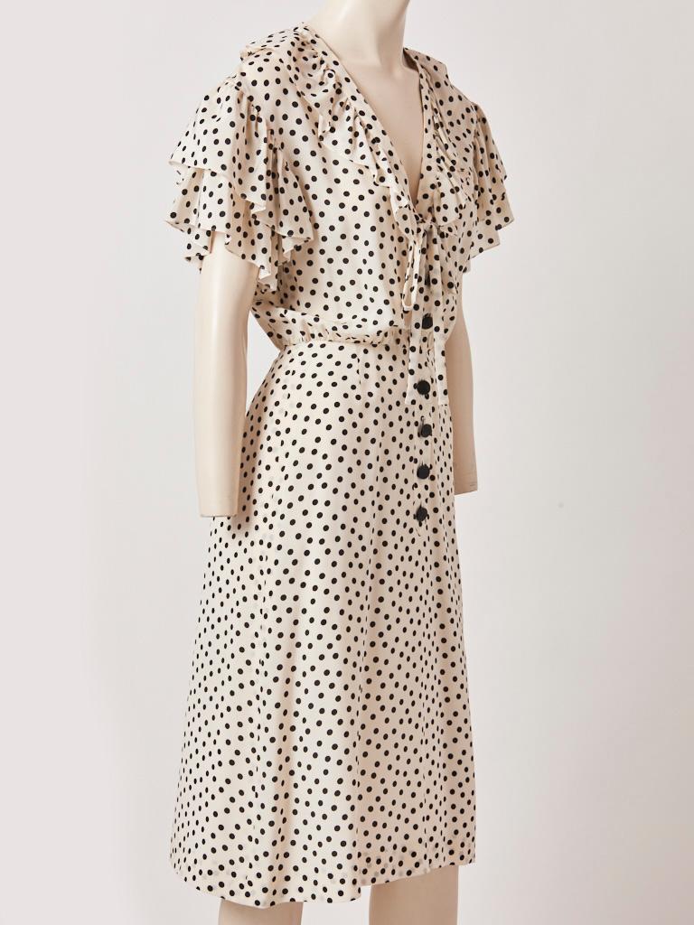Beige Yves Saint Laurent RIve Gauche Silk Polka Dot Day Dress