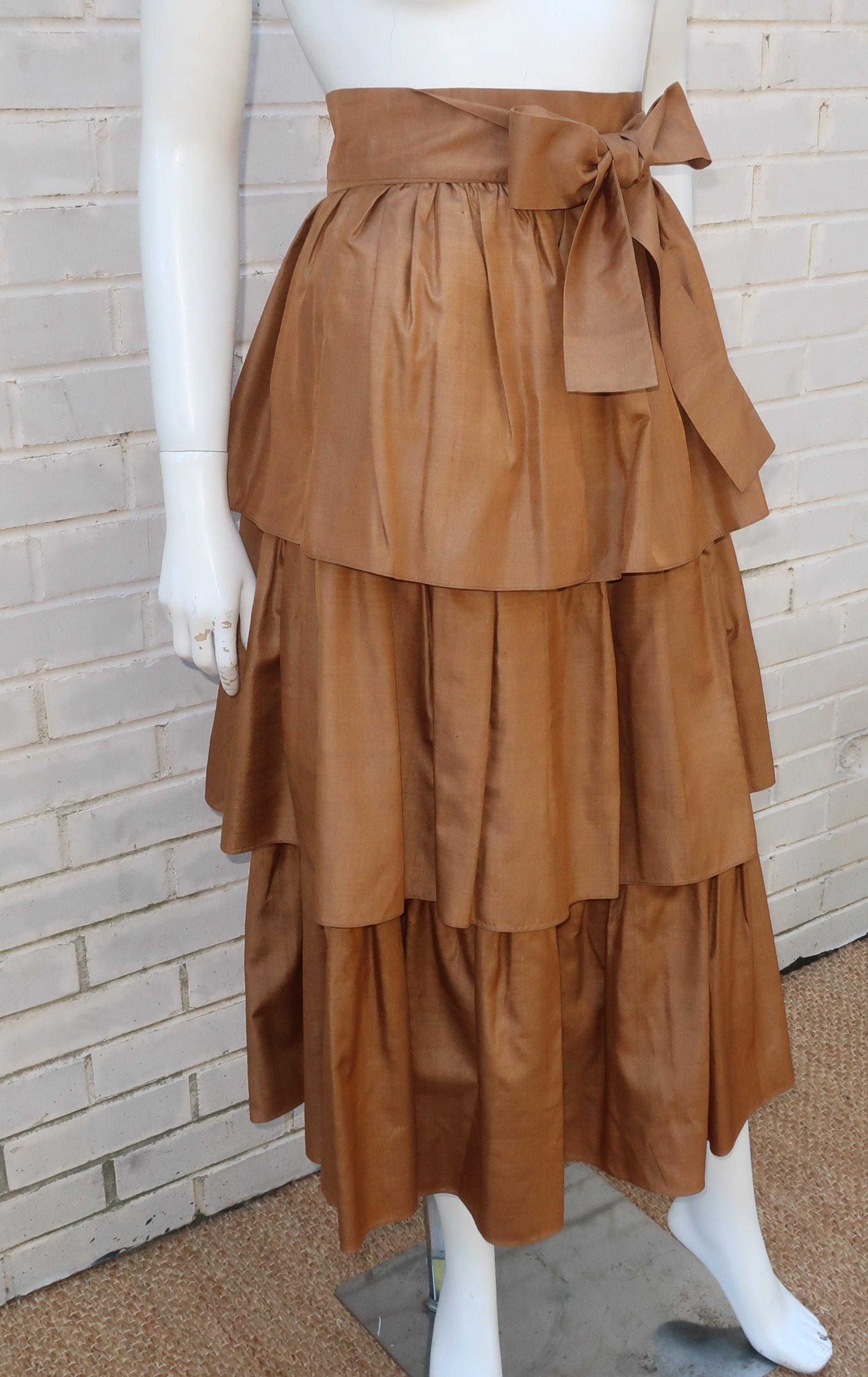 Women's YVES SAINT LAURENT Rive Gauche Silk Tiered Peasant Skirt, 1970's For Sale