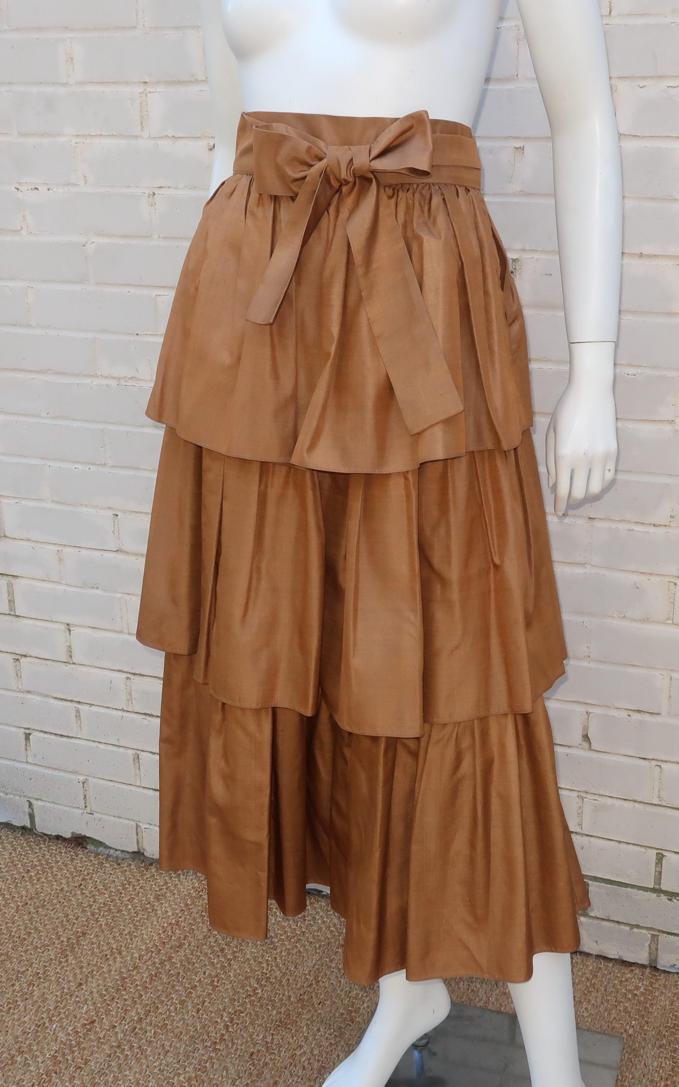 YVES SAINT LAURENT Rive Gauche Silk Tiered Peasant Skirt, 1970's For Sale 1