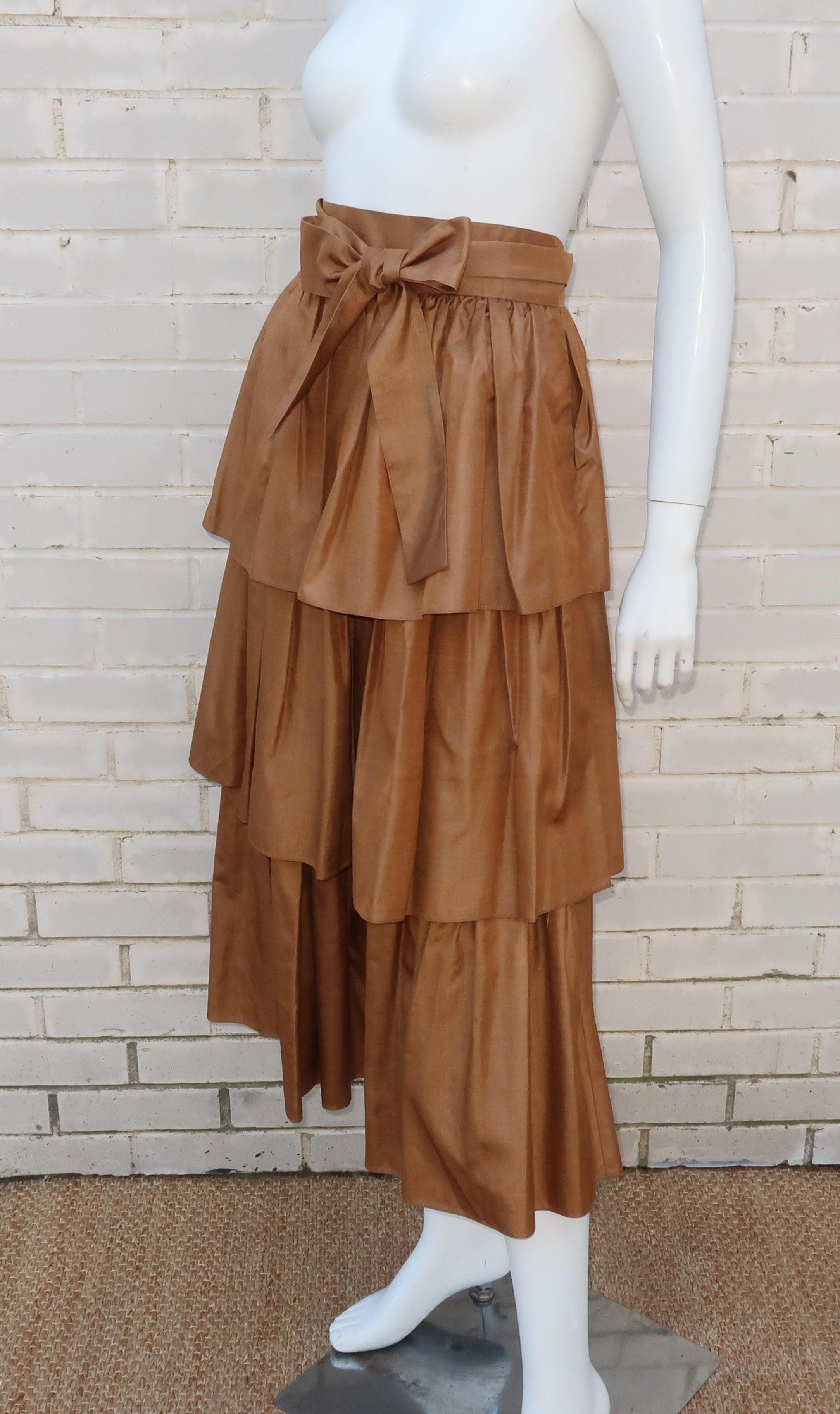 YVES SAINT LAURENT Rive Gauche Silk Tiered Peasant Skirt, 1970's For Sale 2