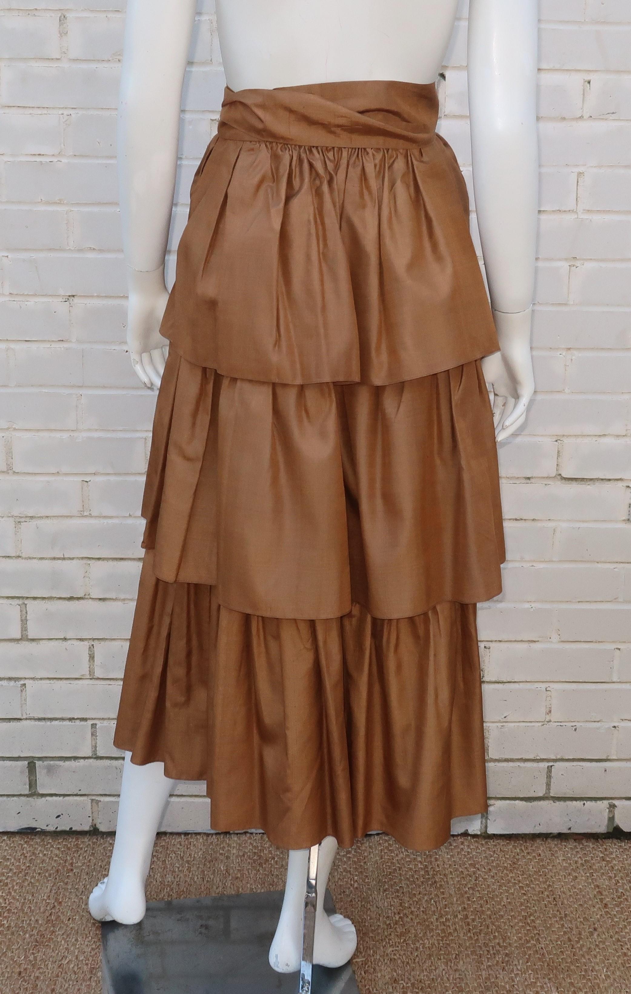 YVES SAINT LAURENT Rive Gauche Silk Tiered Peasant Skirt, 1970's For Sale 3