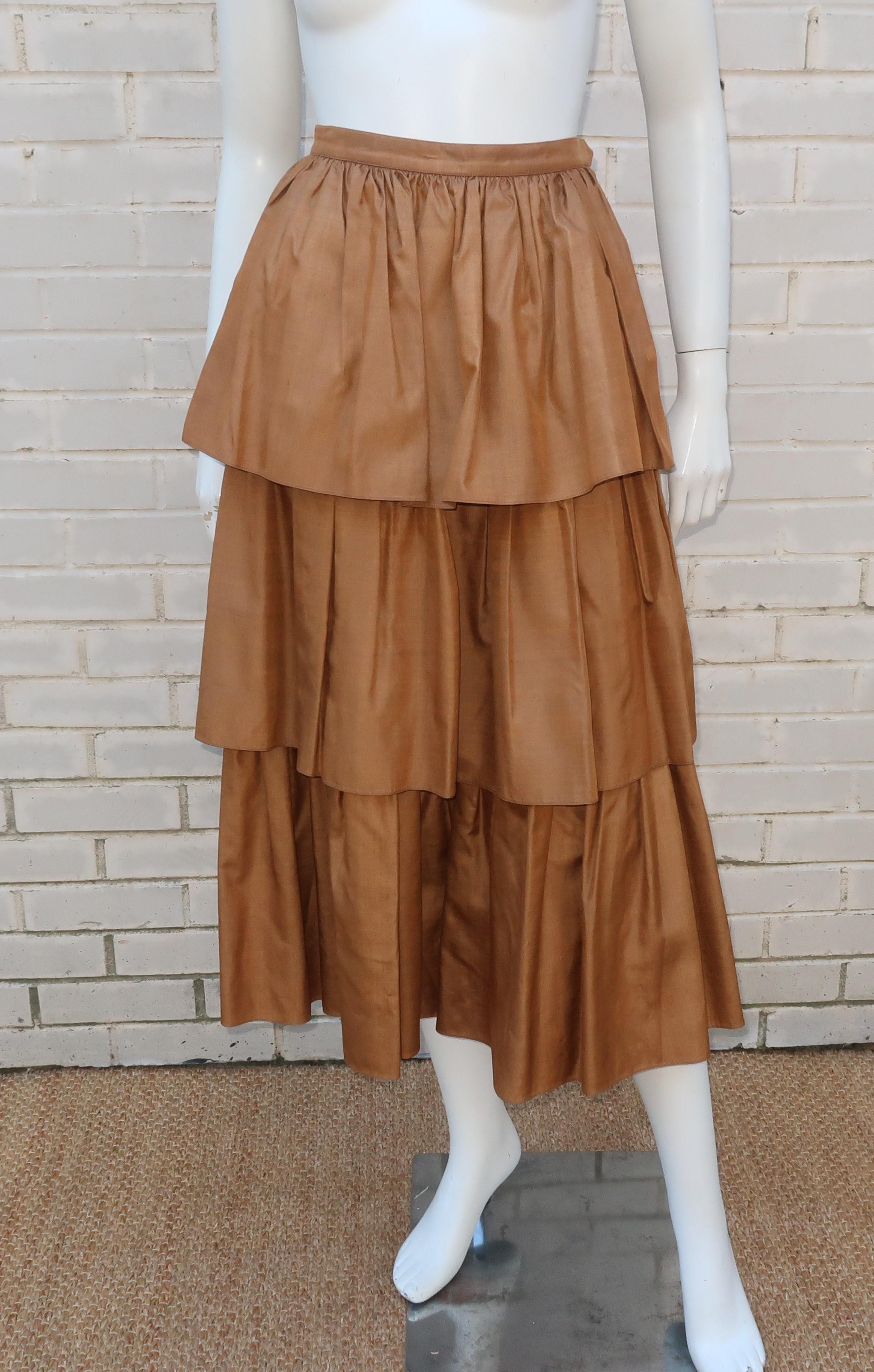 YVES SAINT LAURENT Rive Gauche Silk Tiered Peasant Skirt, 1970's For Sale 4