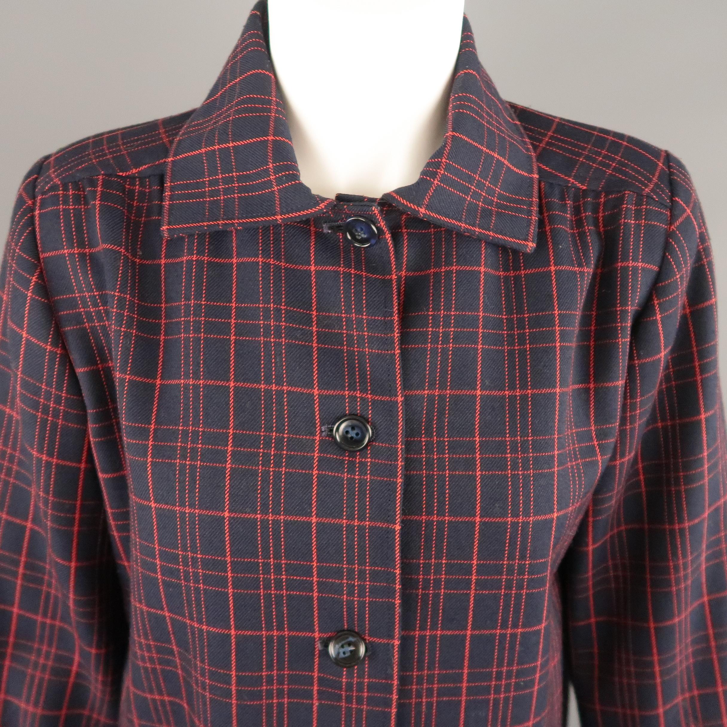 Vintage SAINT LAURENT Rive Gauche jacket comes in navy and red windowpane plaid twill with a pointed collar, button up front, patch pockets, and gathered sleeves. Made in USA.
 
Very Good Pre-Owned Condition.
Marked: (no size)
 
Measurements:
