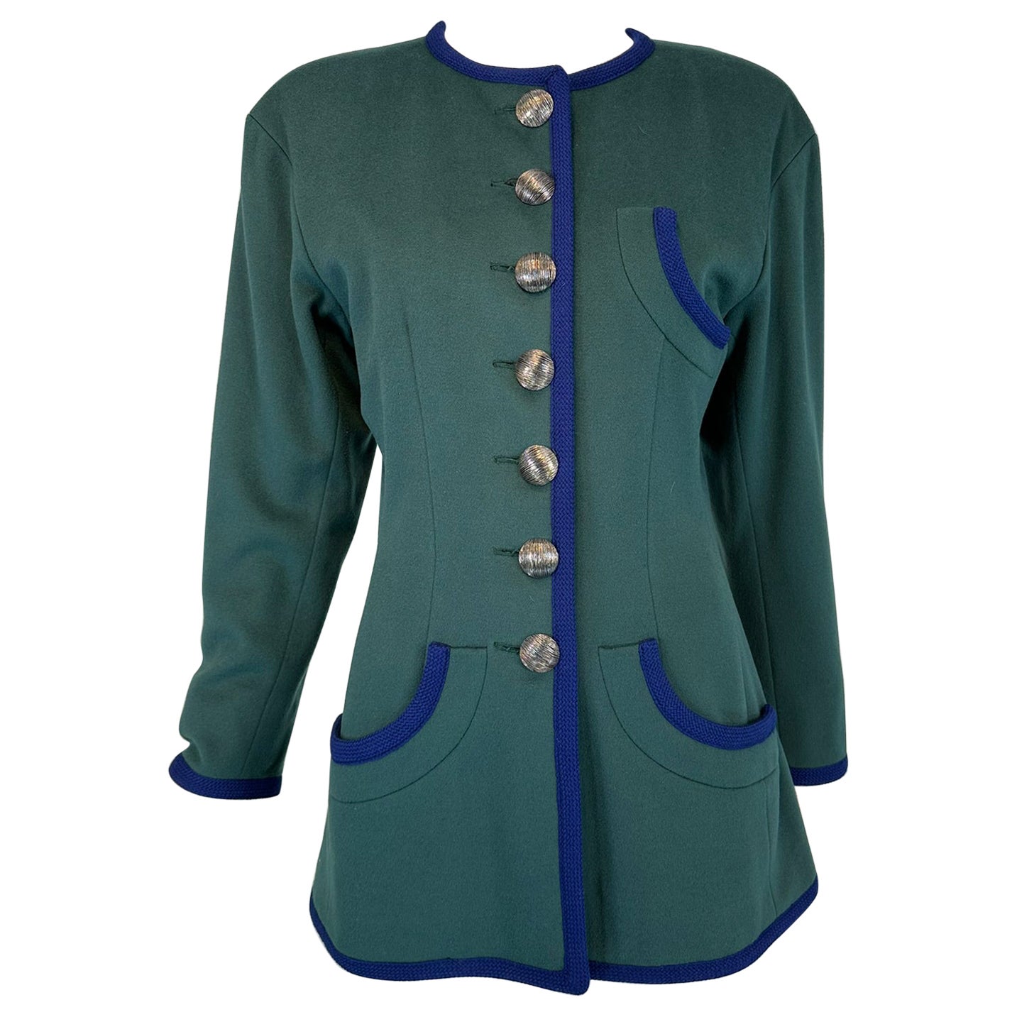 Yves Saint Laurent Rive Gauche Teal Blau 1990er Hip Length Wolljacke 42