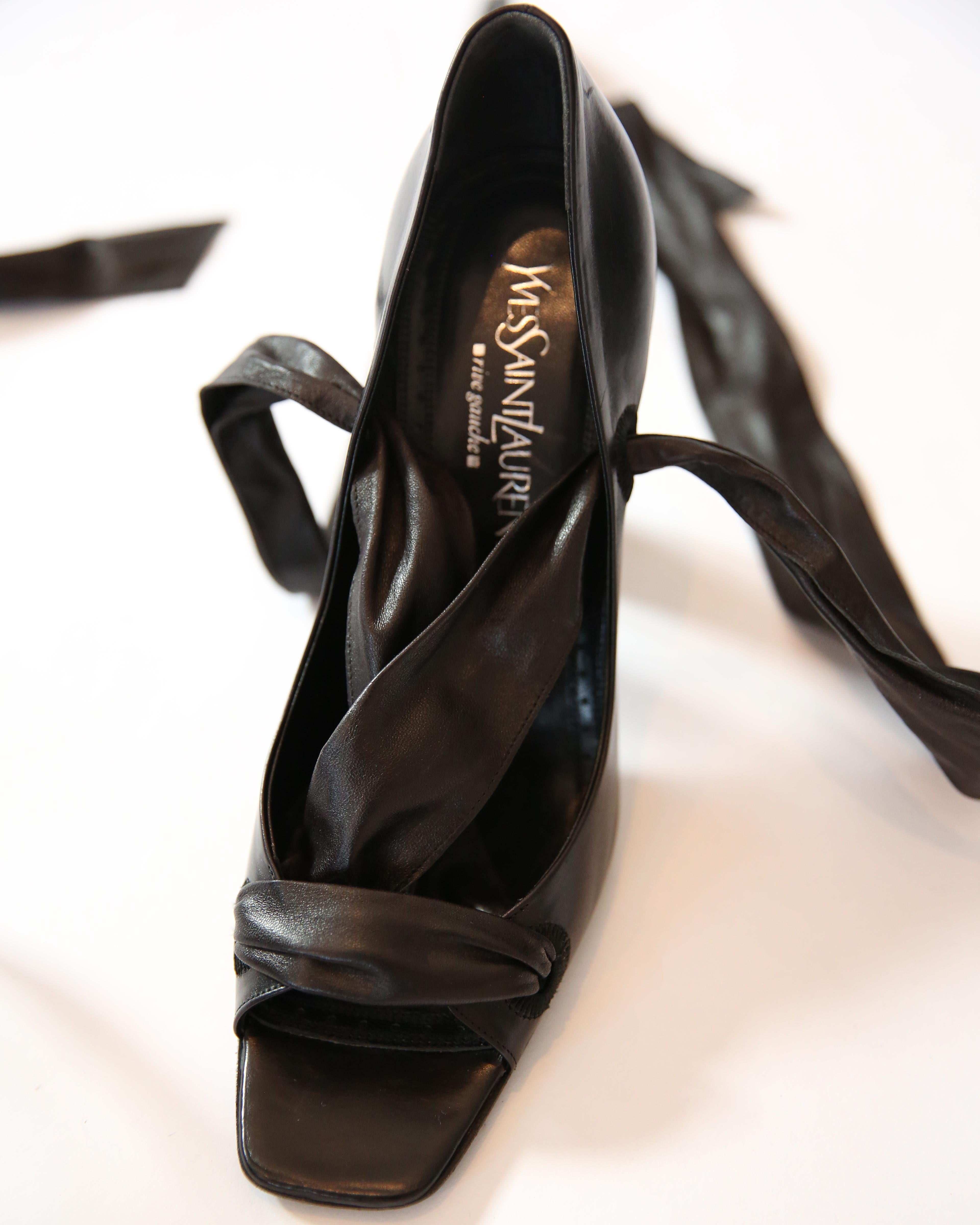 Black Yves Saint Laurent Rive Gauche Tom Ford black wrap square toe heels sandals 40 For Sale