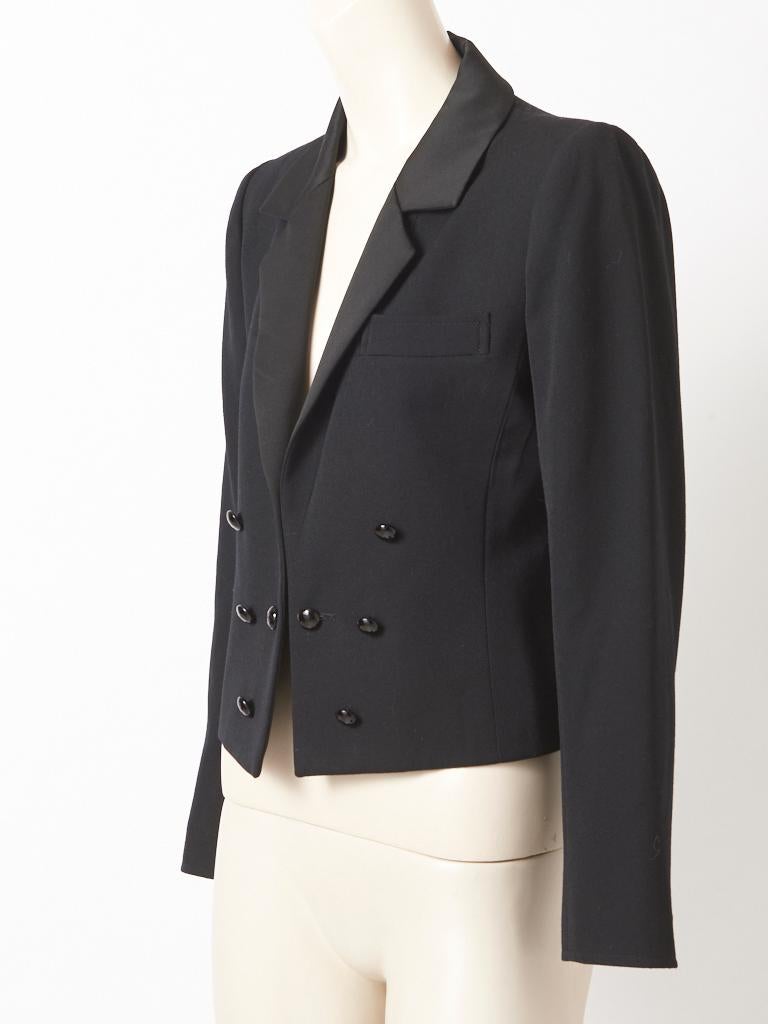 Yves Saint Laurent, Rive Gauche, fitted, double breasted, wool gaberdine, cropped, tuxedo jacket. 