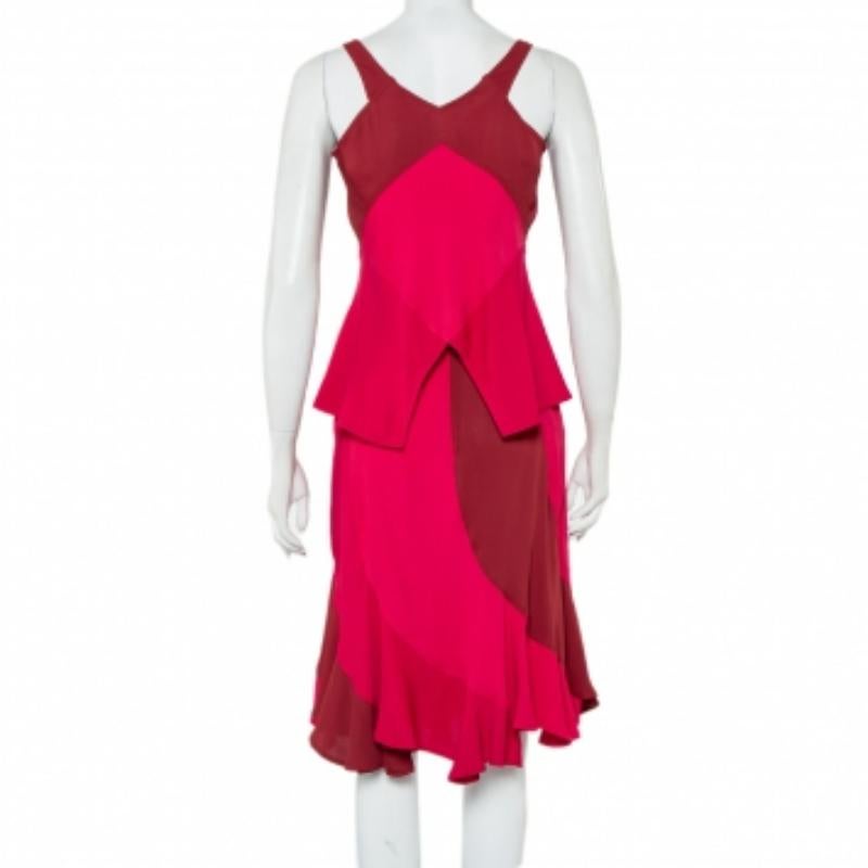 Red Yves Saint Laurent Rive Gauche Two Tone Paneled Crepe Tank Top & Skirt Set S For Sale
