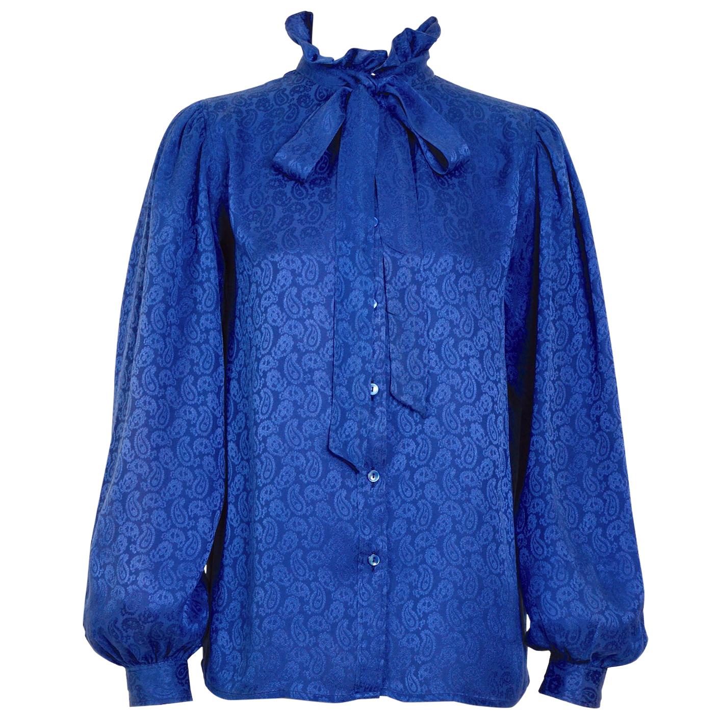 Yves Saint Laurent "rive gauche" vintage 1970s bleu silk paisley print blouse For Sale