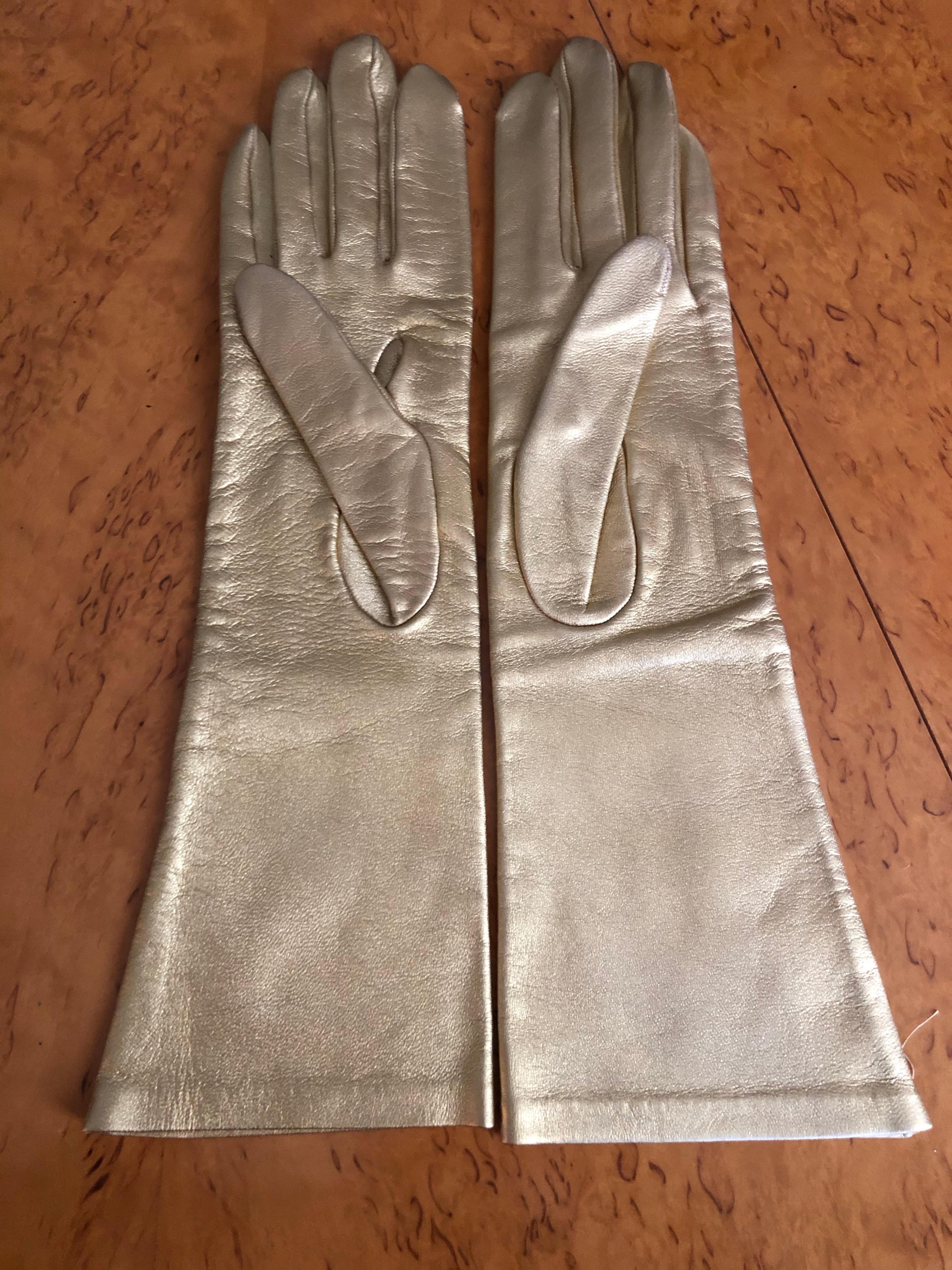 Yves Saint Laurent Rive Gauche Vintage 1970's Gold Leather Elbow Length Gloves 
size 7 1/2