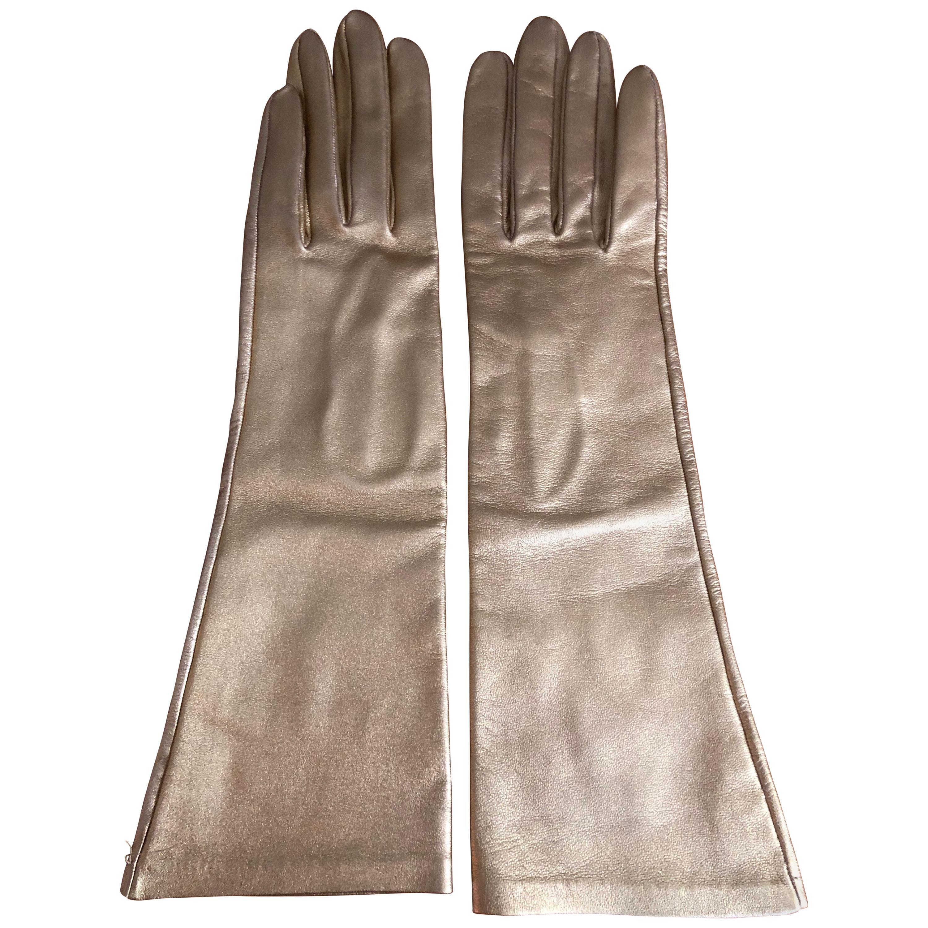 Yves Saint Laurent Rive Gauche Vintage 1970's Gold Leather Elbow Length Gloves  For Sale