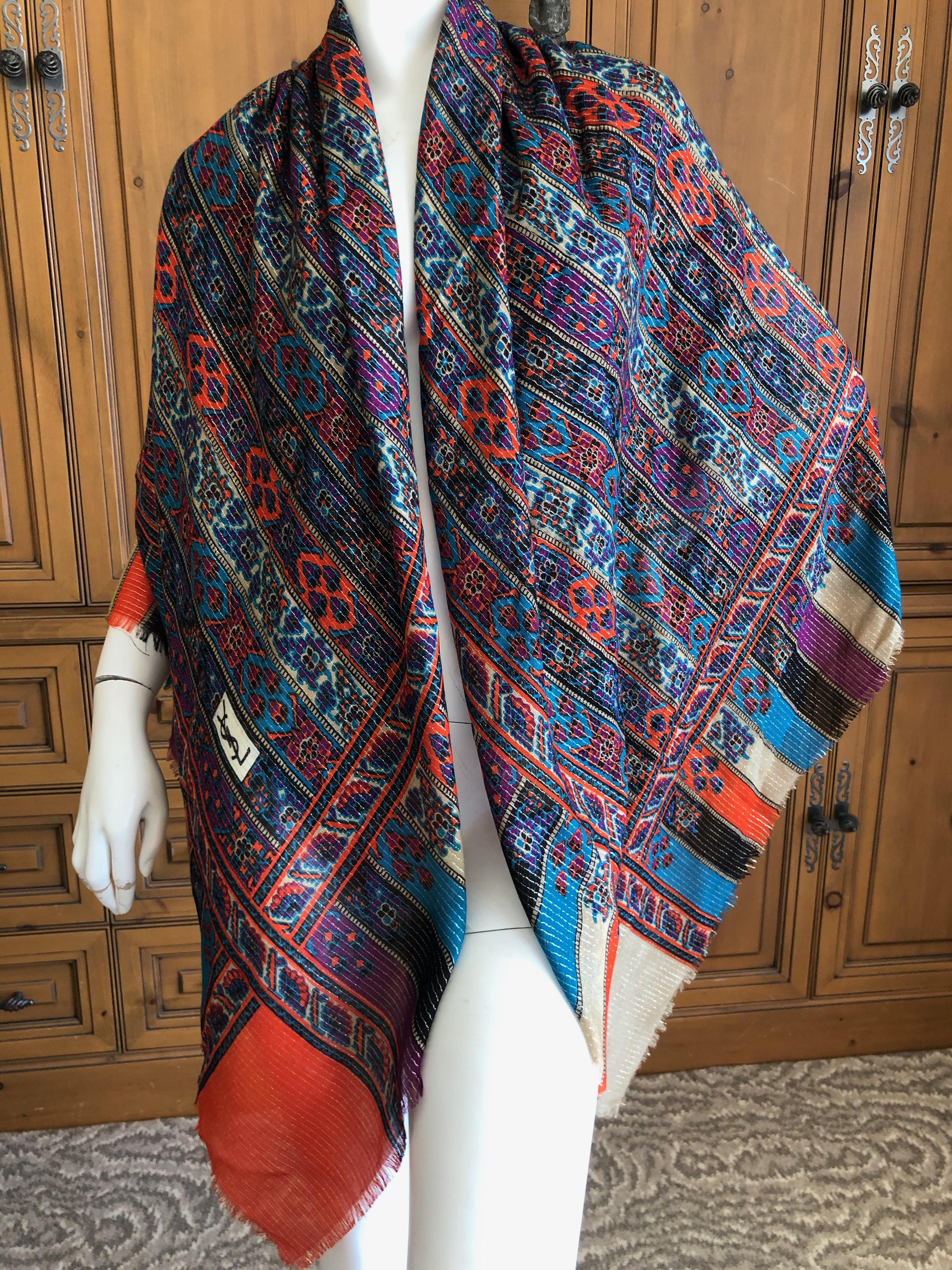 Yves Saint Laurent Rive Gauche Vintage 1970's Large Silk Shawl with Gold Threads In Excellent Condition For Sale In Cloverdale, CA