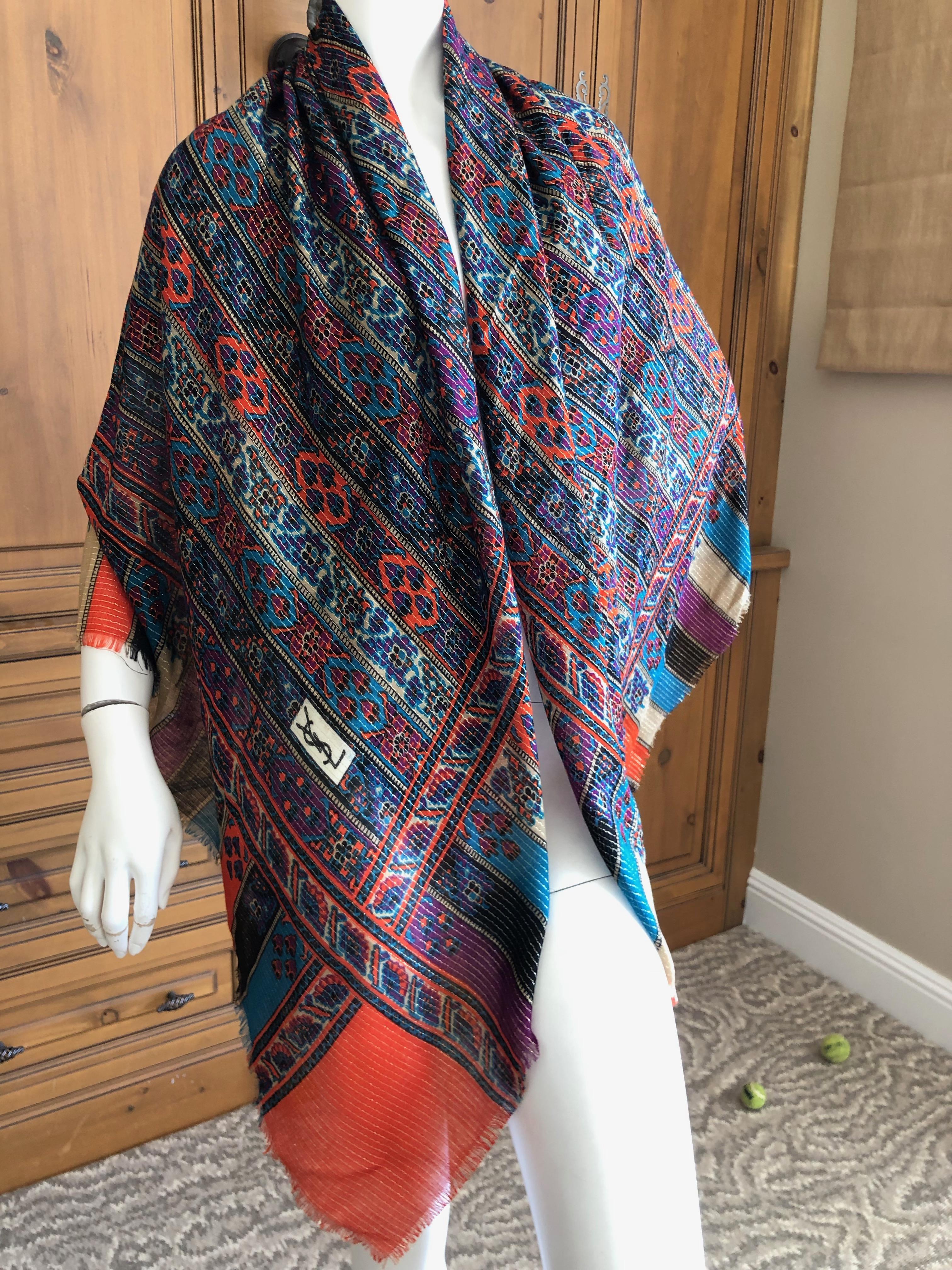 Women's or Men's Yves Saint Laurent Rive Gauche Vintage 1970's Large Silk Shawl with Gold Threads For Sale