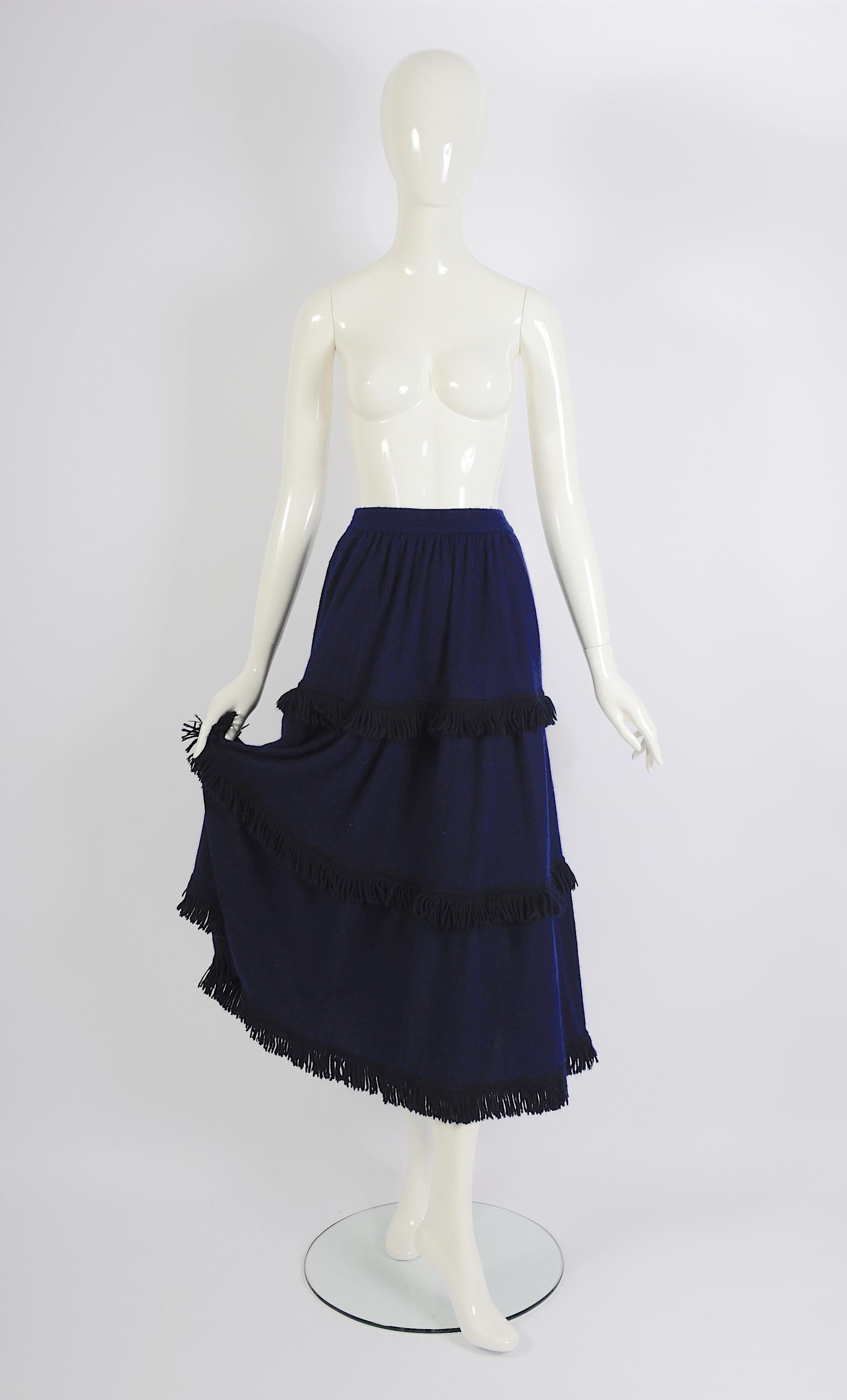 Women's Yves Saint Laurent Vintage Fall Winter 1977 Light Knit Blue Long Fringe Skirt