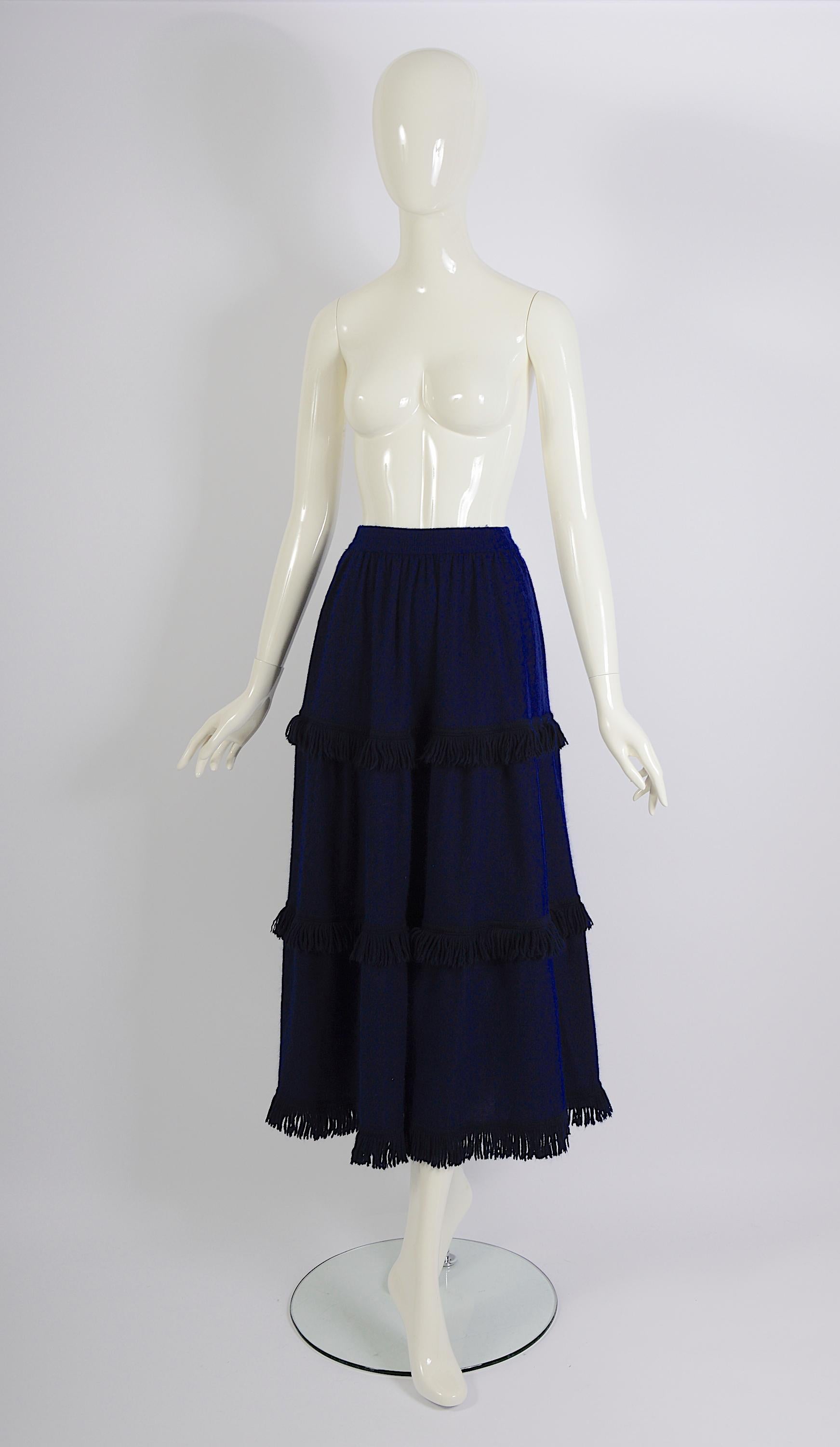 Yves Saint Laurent Vintage Fall Winter 1977 Light Knit Blue Long Fringe Skirt 1