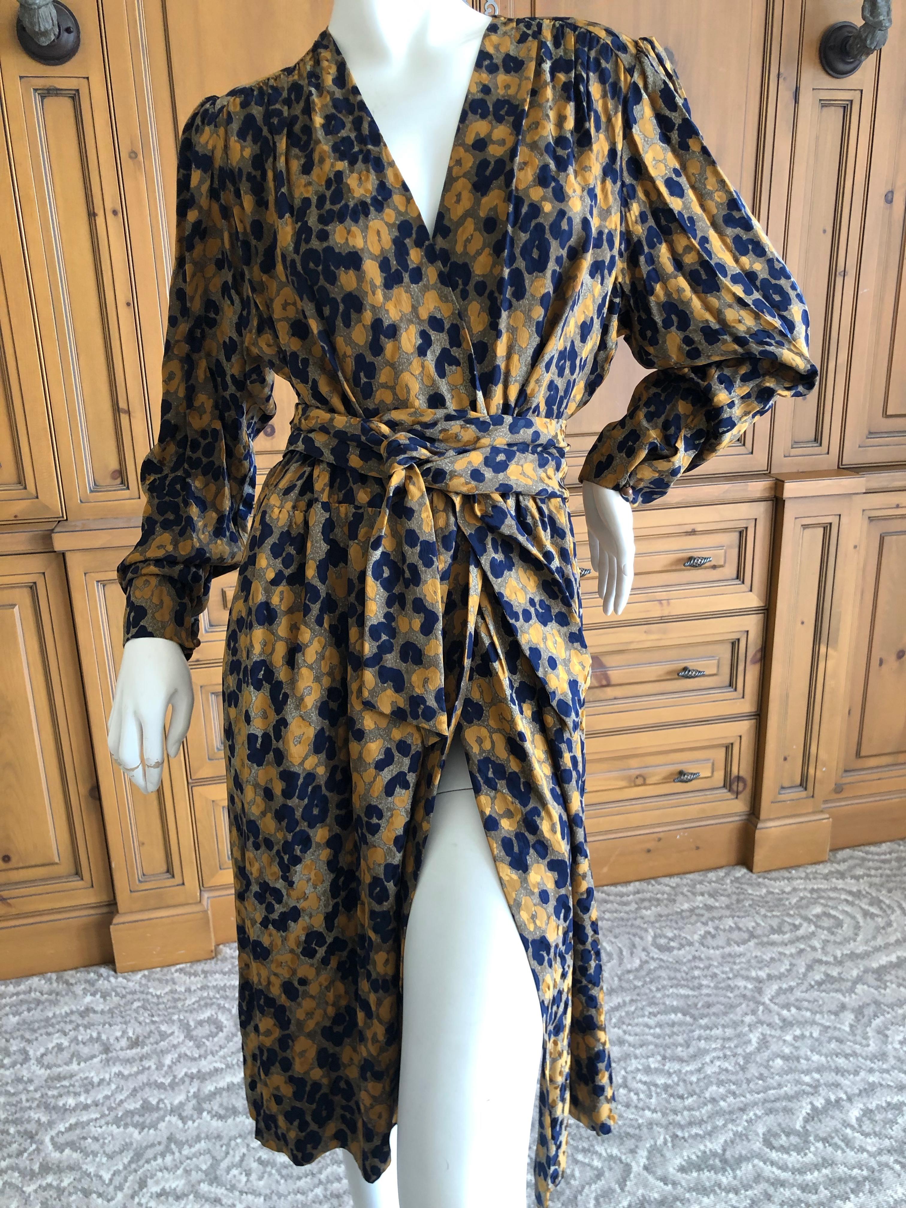 Black Yves Saint Laurent Rive Gauche Vintage 1970's Silk Leopard Print Dress & Sash