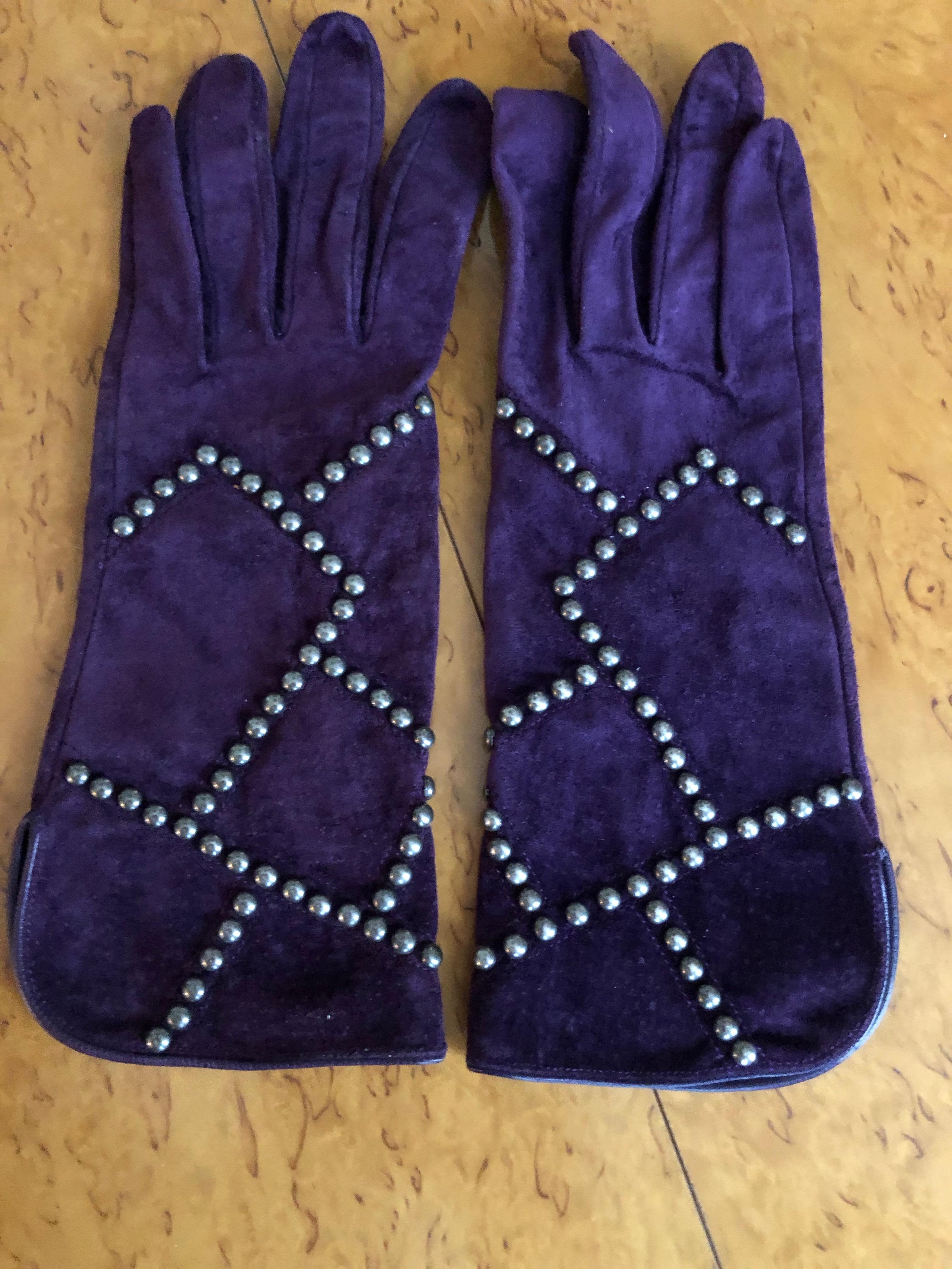 Purple Yves Saint Laurent Rive Gauche Vintage 1970's Studded Suede Gloves  For Sale