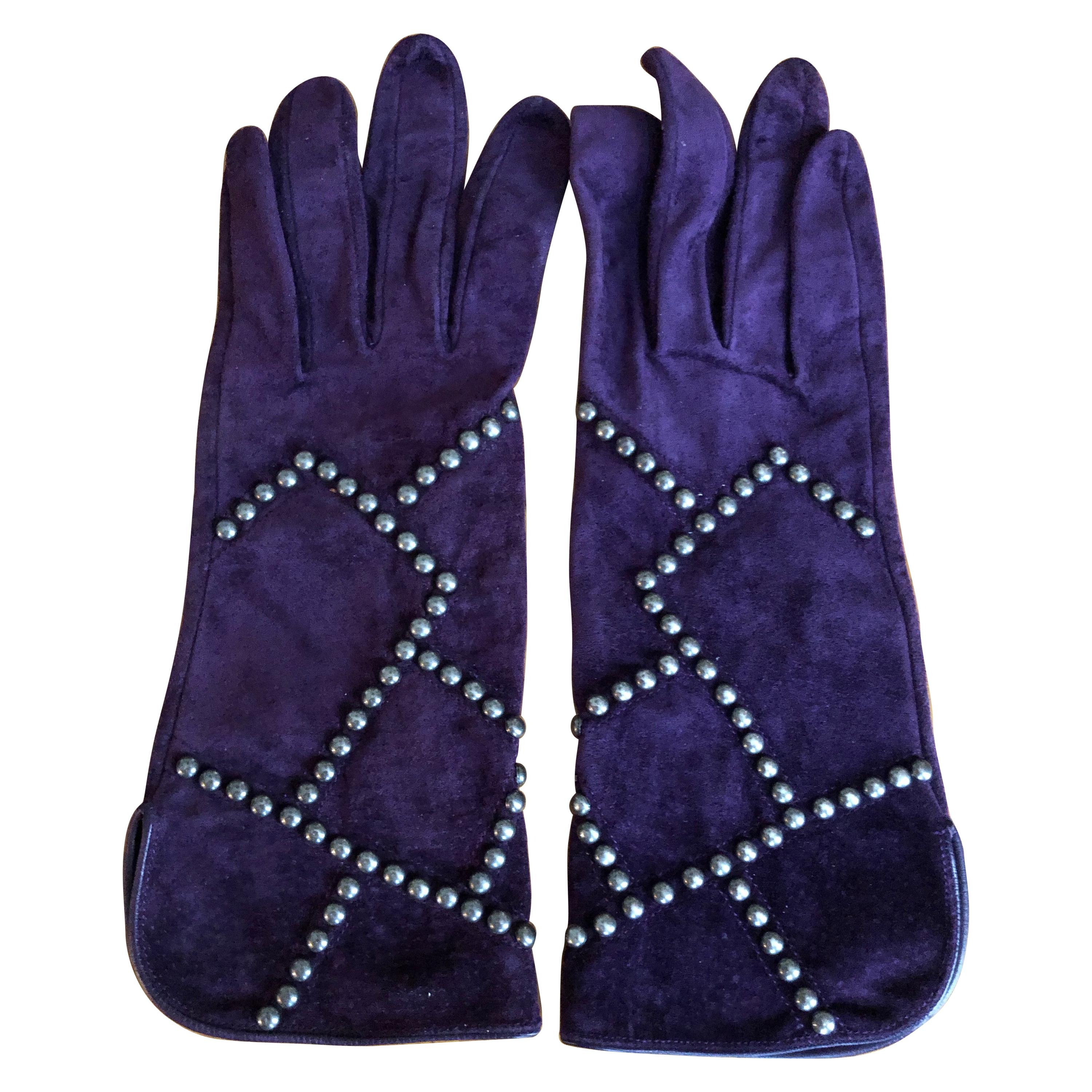 Yves Saint Laurent Rive Gauche Vintage 1970's Studded Suede Gloves  For Sale