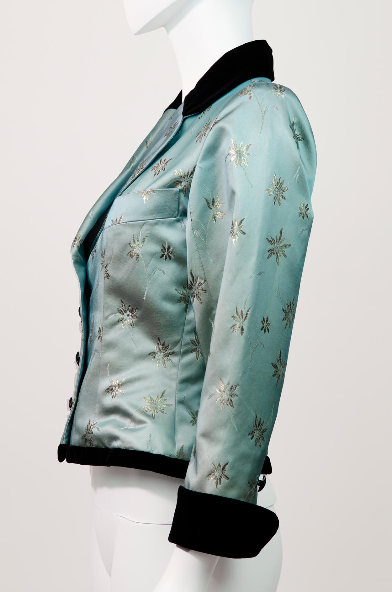 Yves Saint Laurent Rive Gauche Vintage 1990’s Green Floral Jacquard Jacket In Excellent Condition For Sale In Berlin, BE