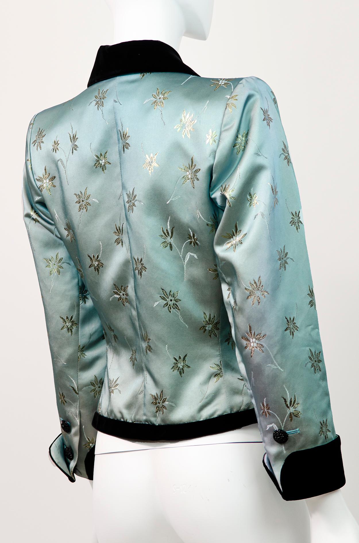 Yves Saint Laurent Rive Gauche Vintage 1990’s Green Floral Jacquard Jacket For Sale 1