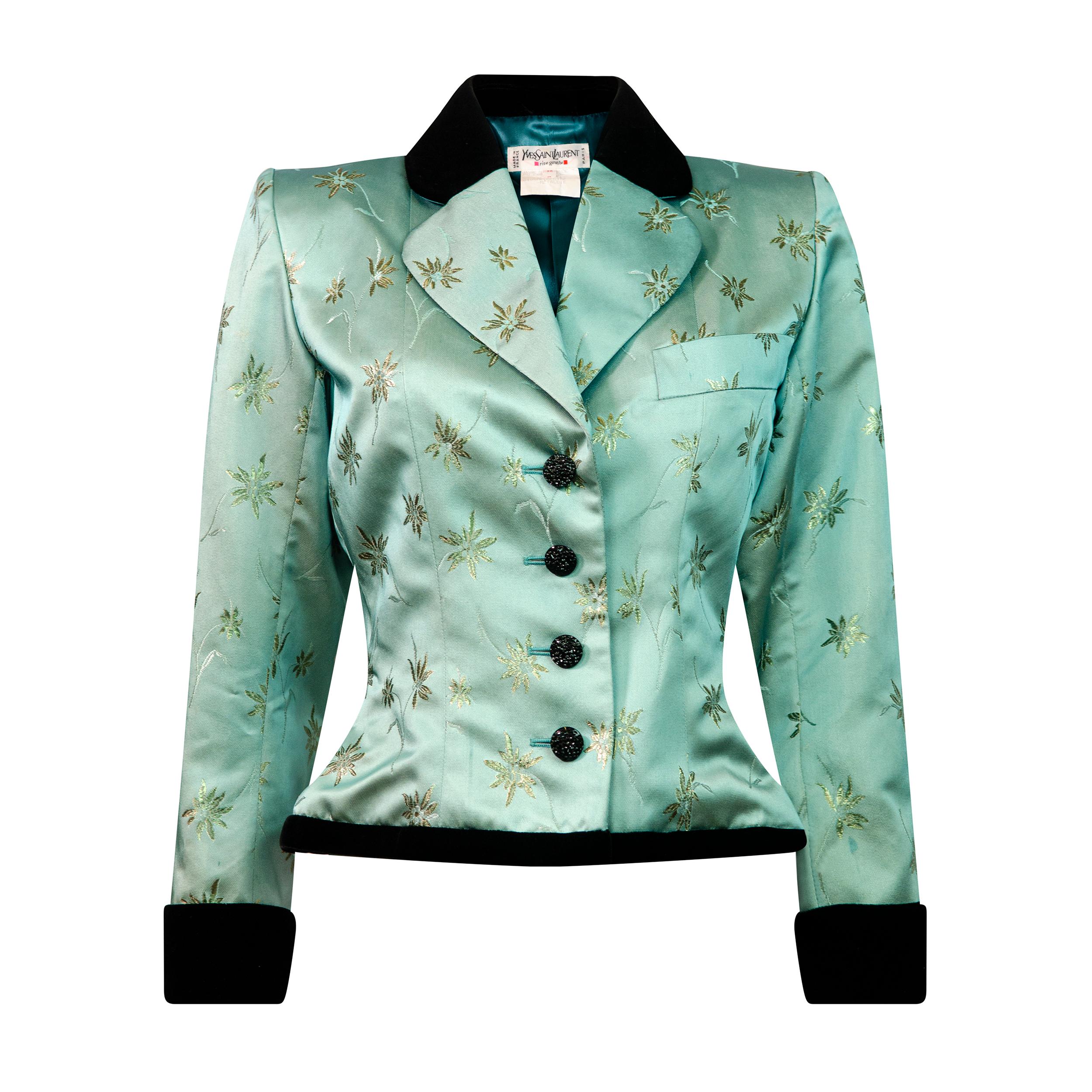 Yves Saint Laurent Rive Gauche Vintage 1990’s Green Floral Jacquard Jacket For Sale