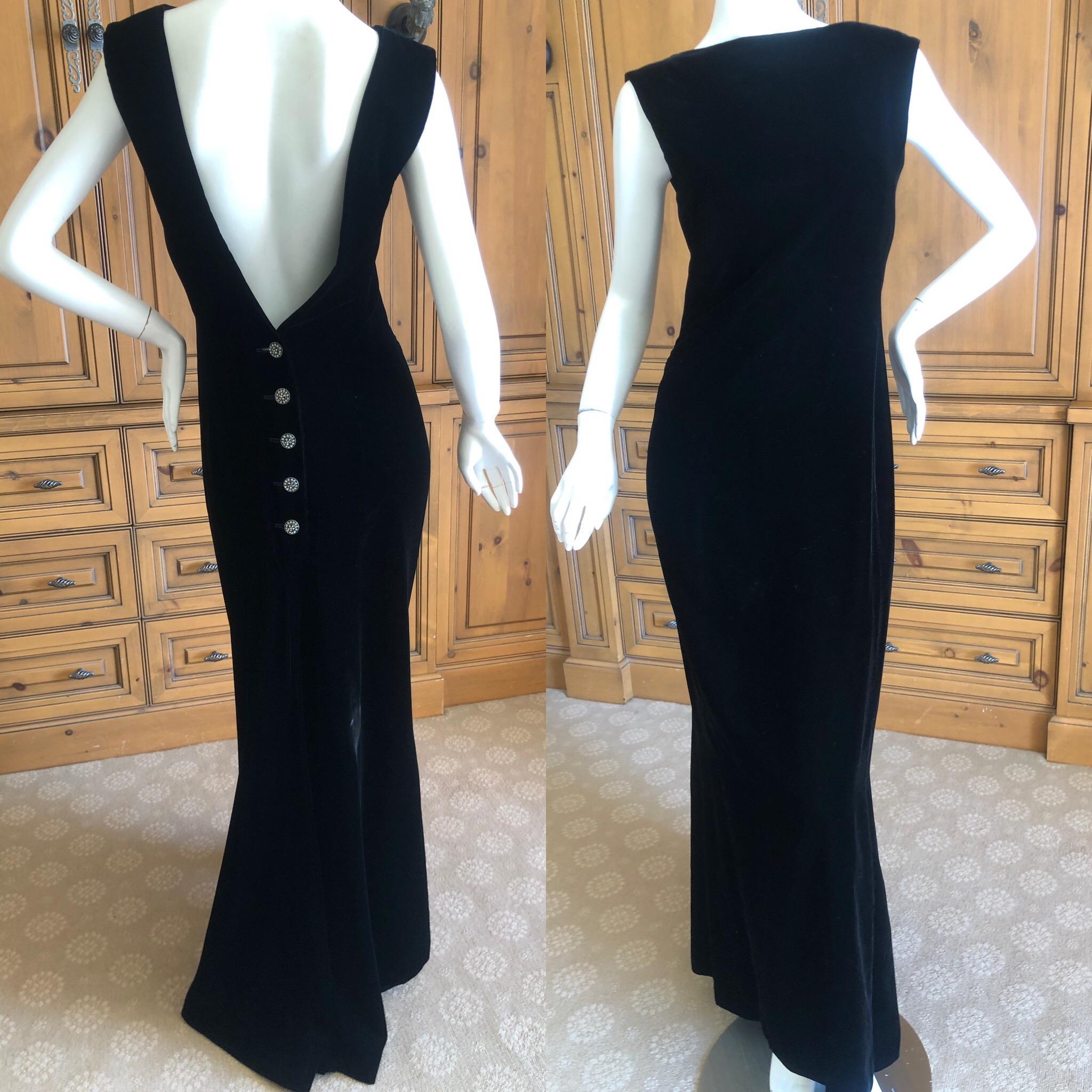 Yves Saint Laurent Rive Gauche Vintage 70's Black Velvet Backless Evening Dress
So charming, crystal buttons down the back.
Size tag gone, size  appx 40
Bust 36