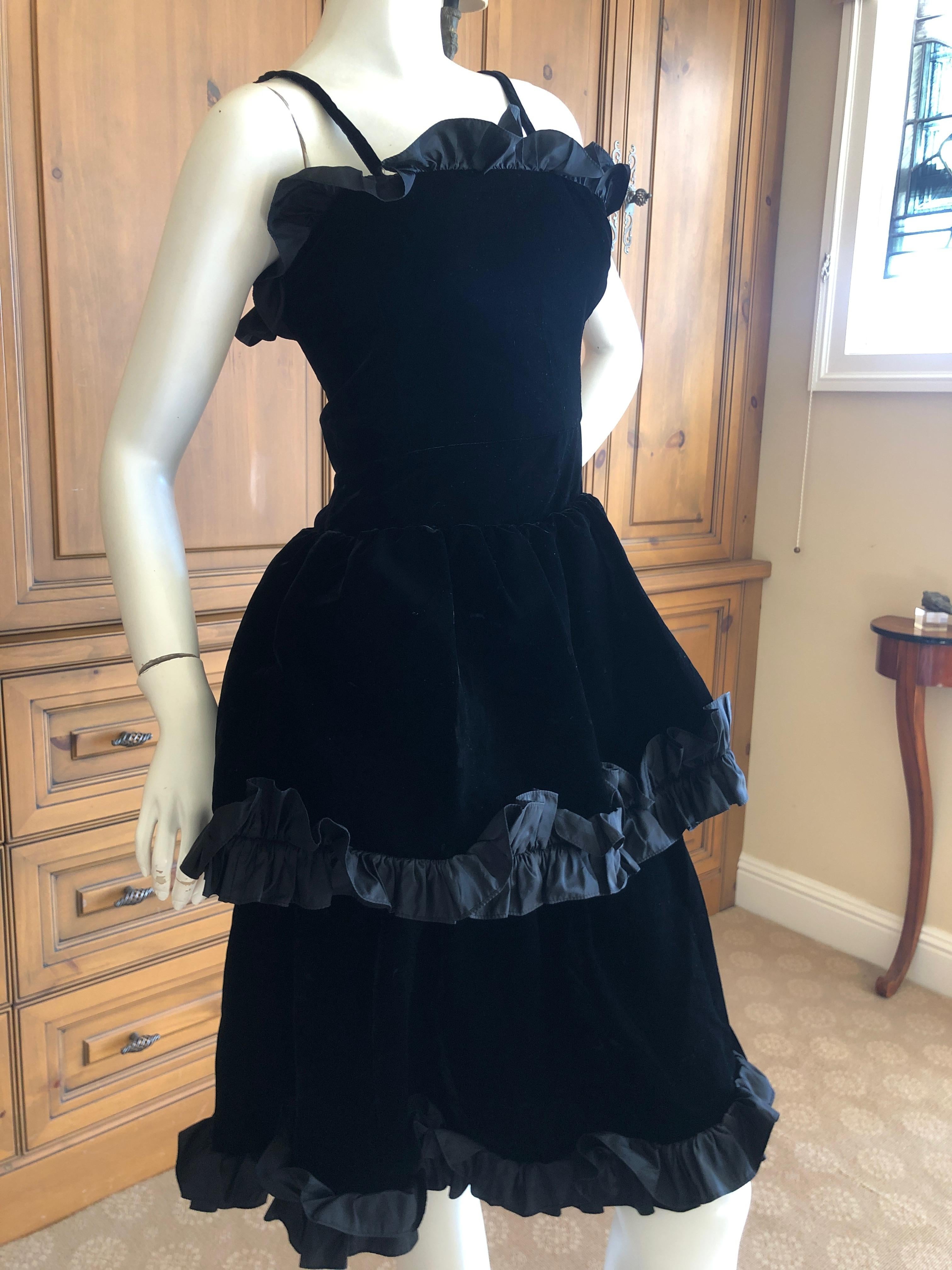 Yves Saint Laurent Rive Gauche Vintage 70's Black Velvet Ruffled Cocktail Dress In Excellent Condition For Sale In Cloverdale, CA