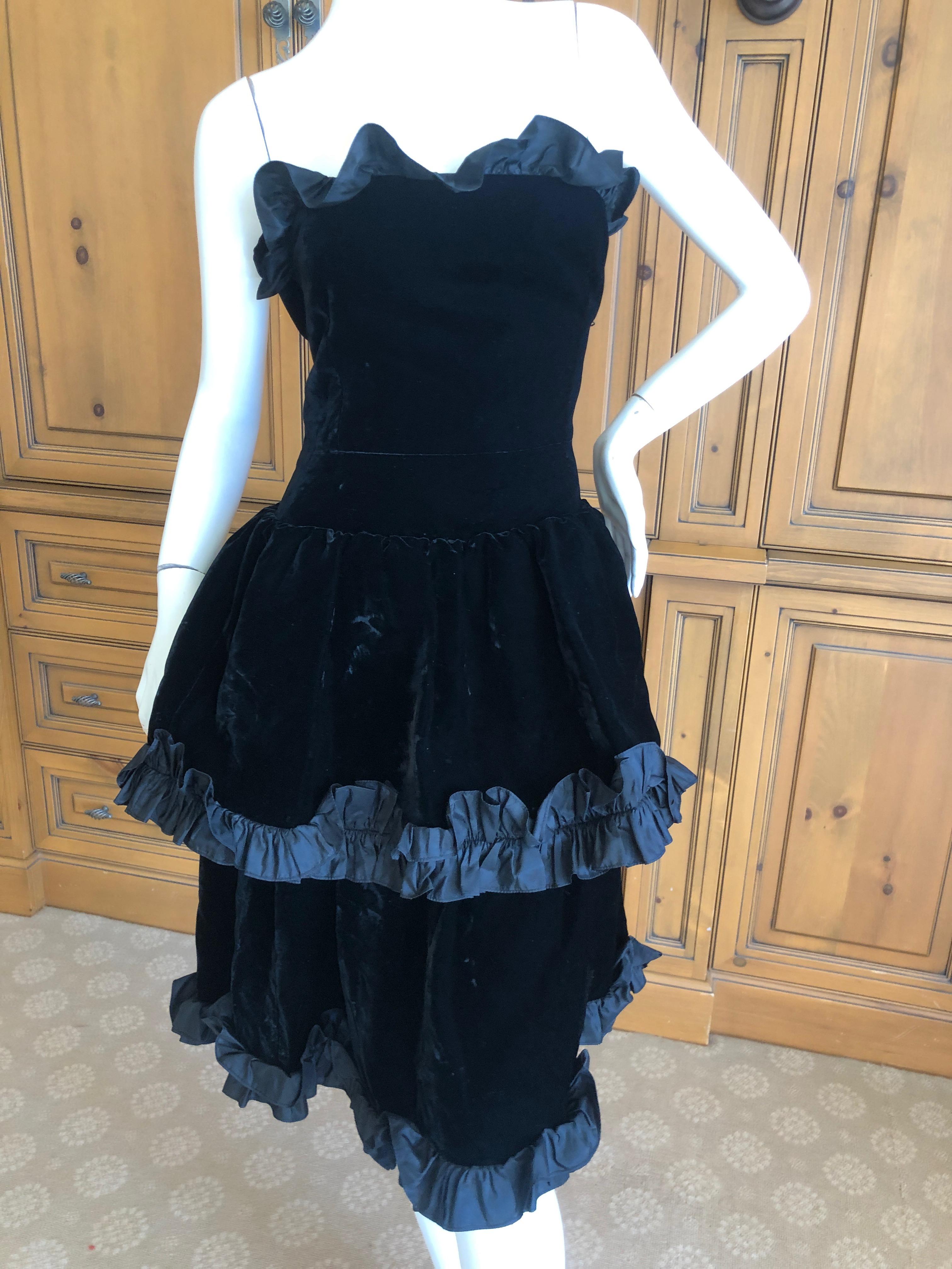 Yves Saint Laurent Rive Gauche Vintage 70's Black Velvet Ruffled Cocktail Dress For Sale 2