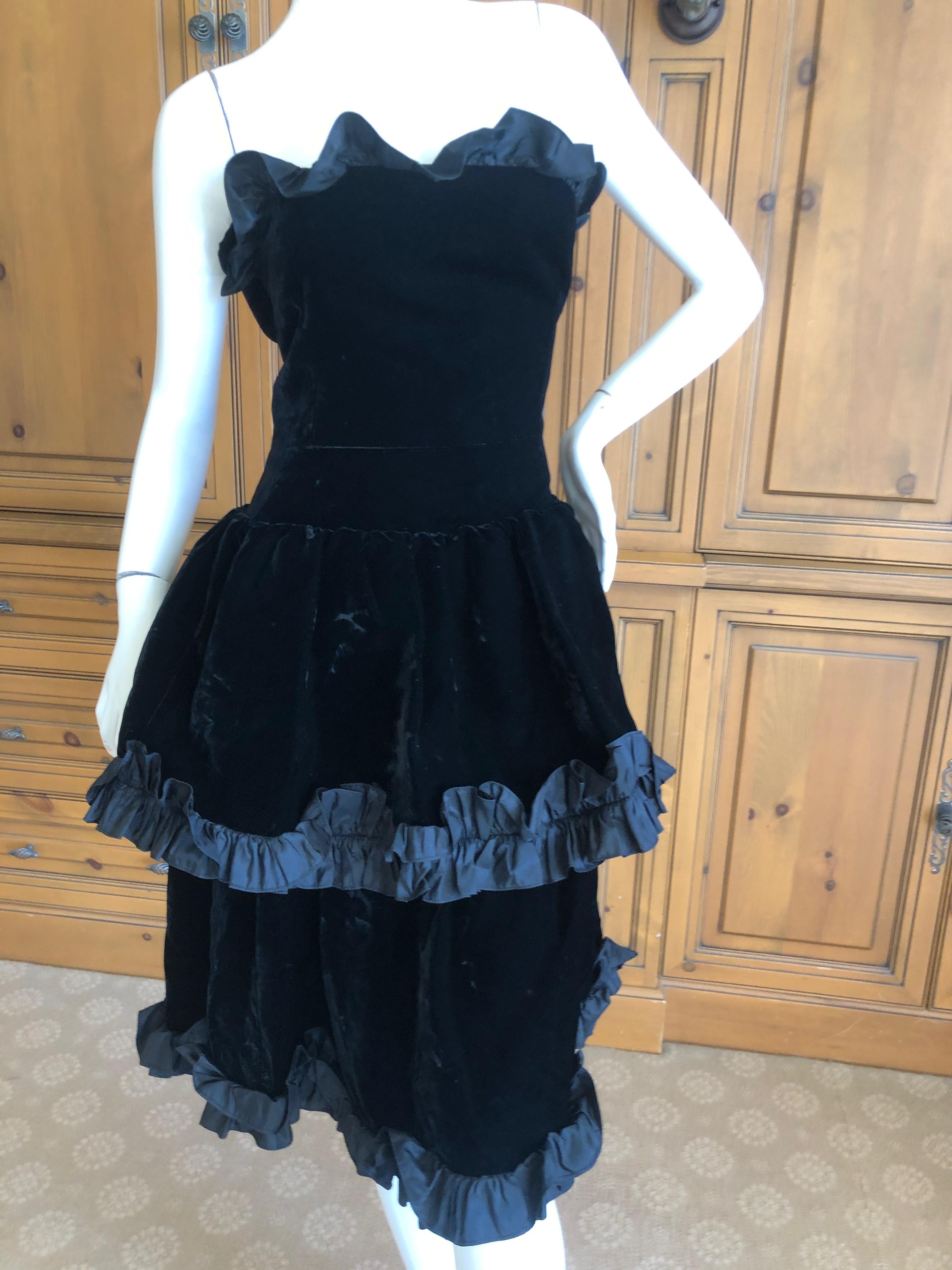 Yves Saint Laurent Rive Gauche Vintage 70's Black Velvet Ruffled Cocktail Dress For Sale 3