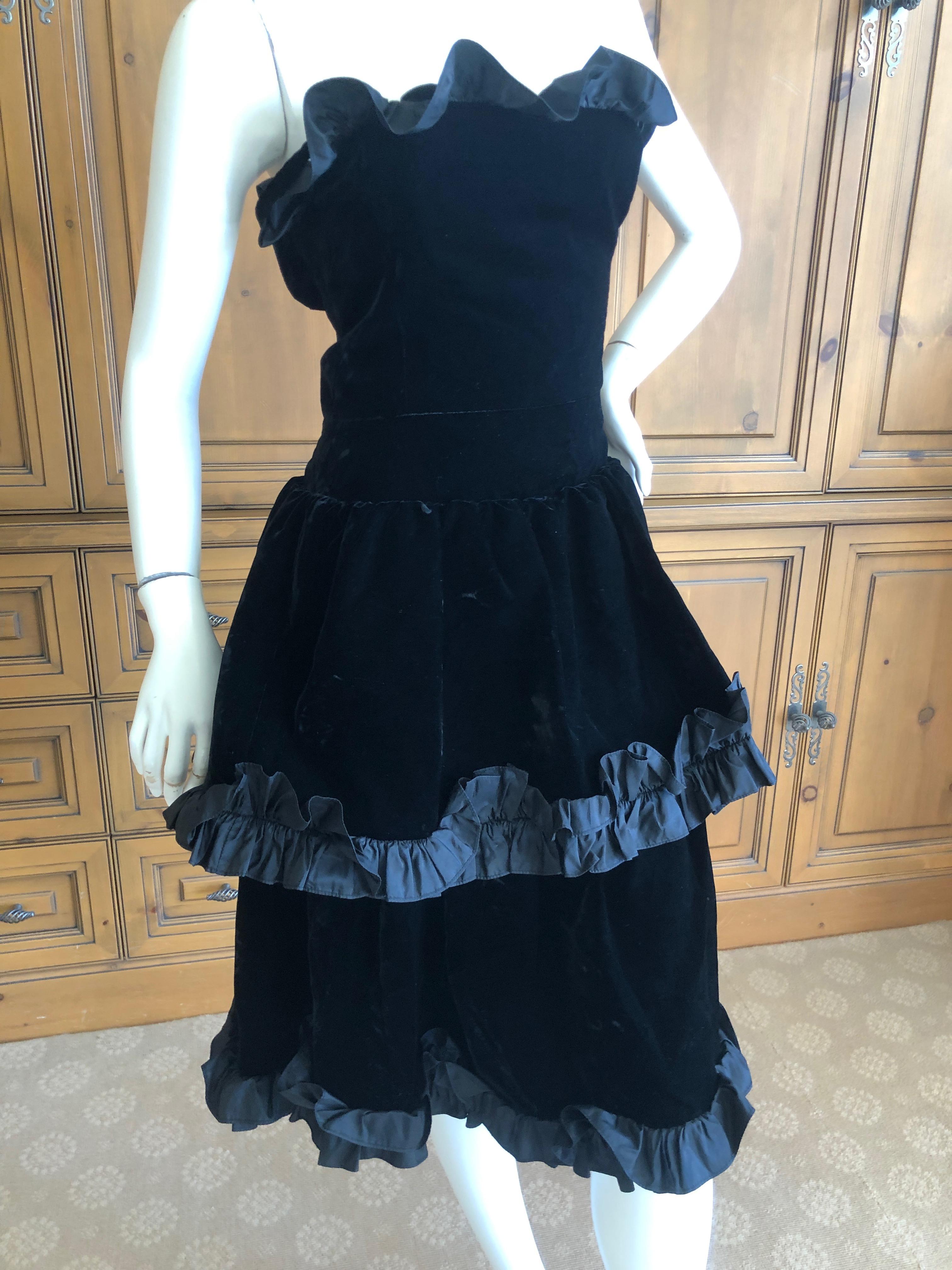 Yves Saint Laurent Rive Gauche Vintage 70's Black Velvet Ruffled Cocktail Dress For Sale 4