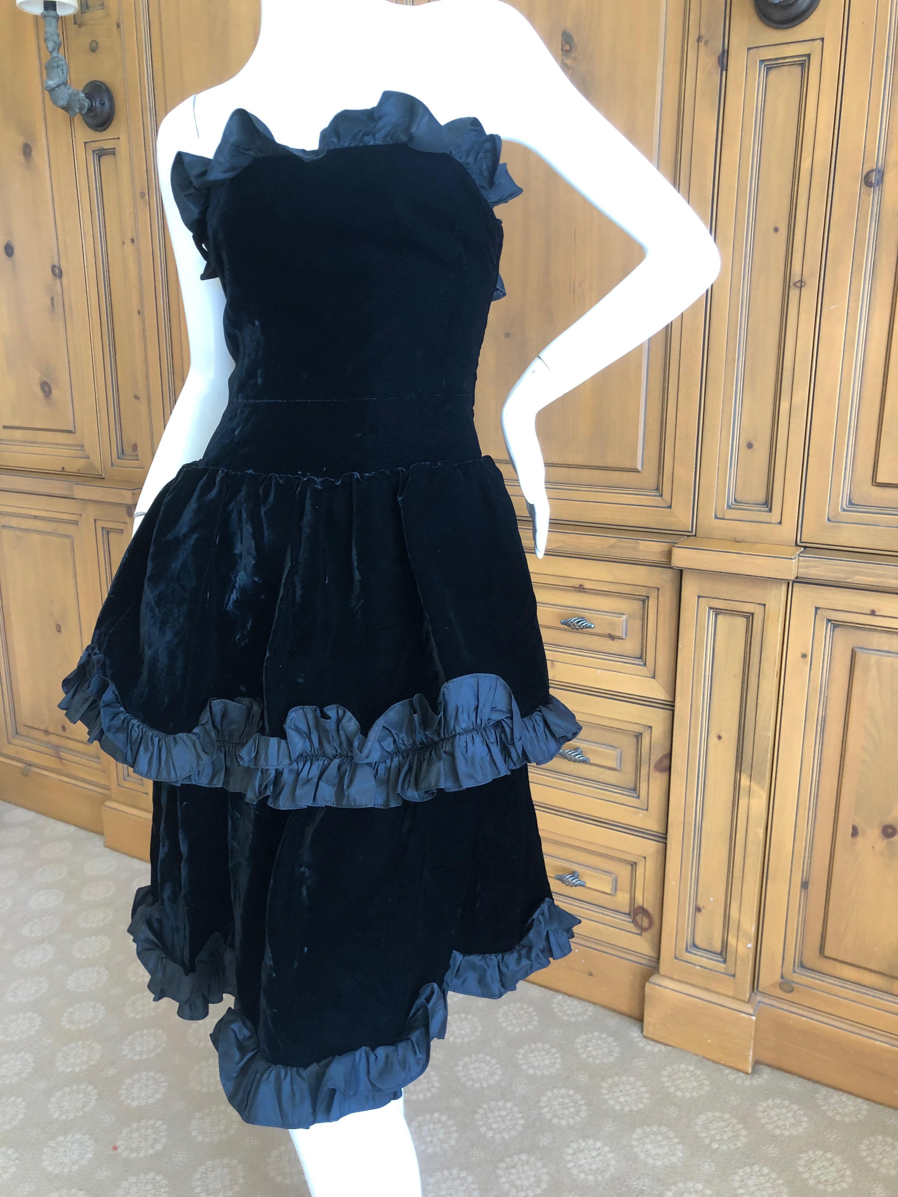 Yves Saint Laurent Rive Gauche Vintage 70's Black Velvet Ruffled Cocktail Dress For Sale 5