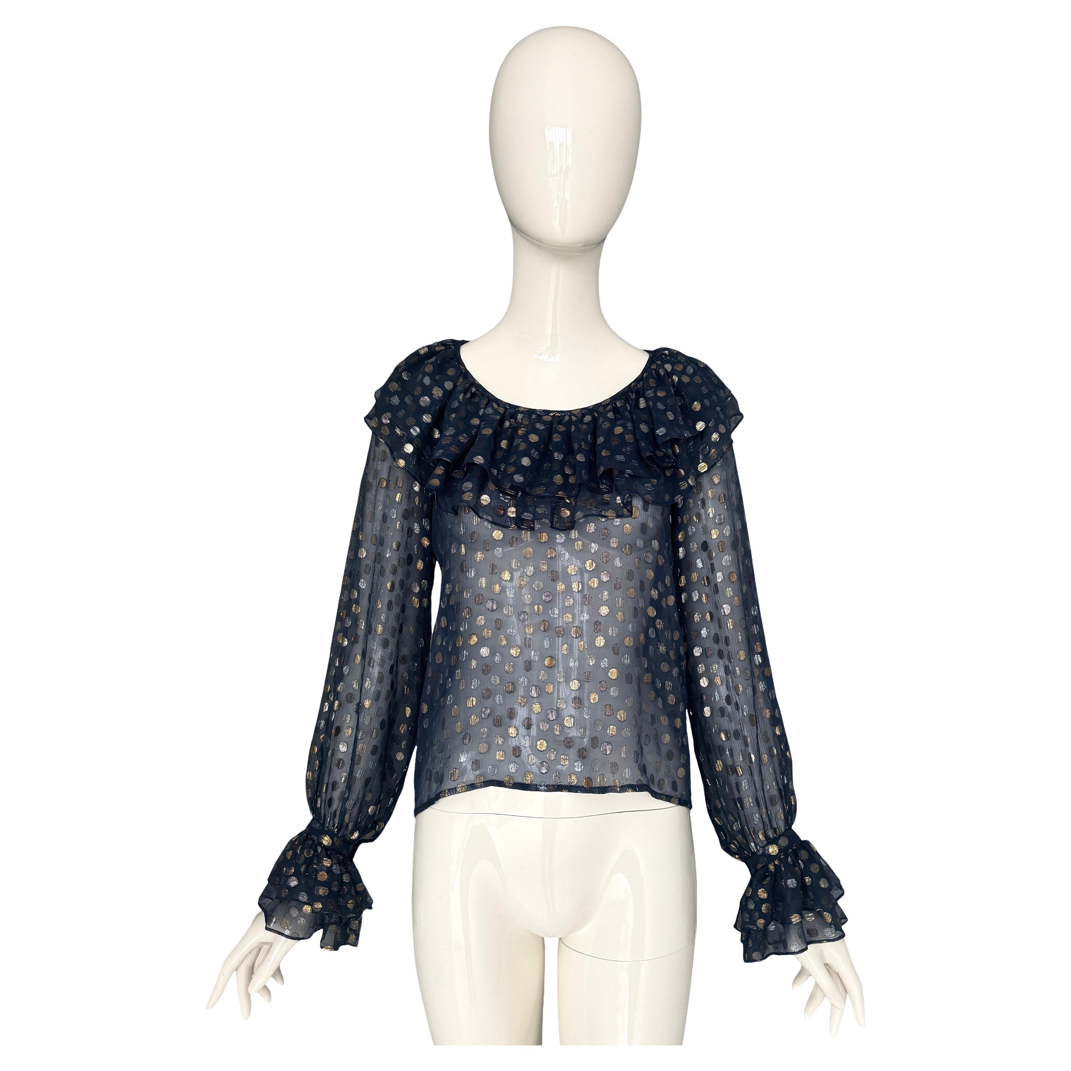 Chemisier Yves Saint Laurent "rive gauche" vintage 70s en soie dorée argentée à pois lurex