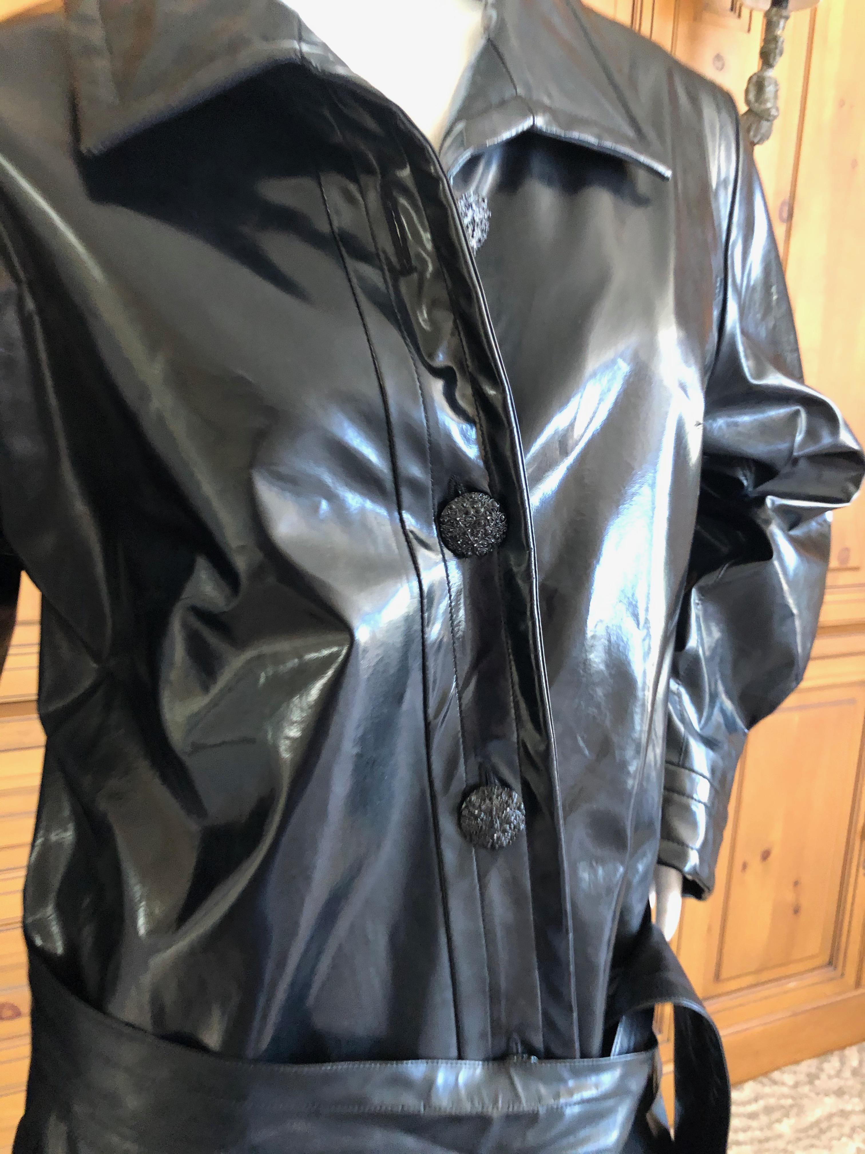 Yves Saint Laurent Rive Gauche Vintage Black Polished Cotton Trench Coat w Belt  In Good Condition For Sale In Cloverdale, CA