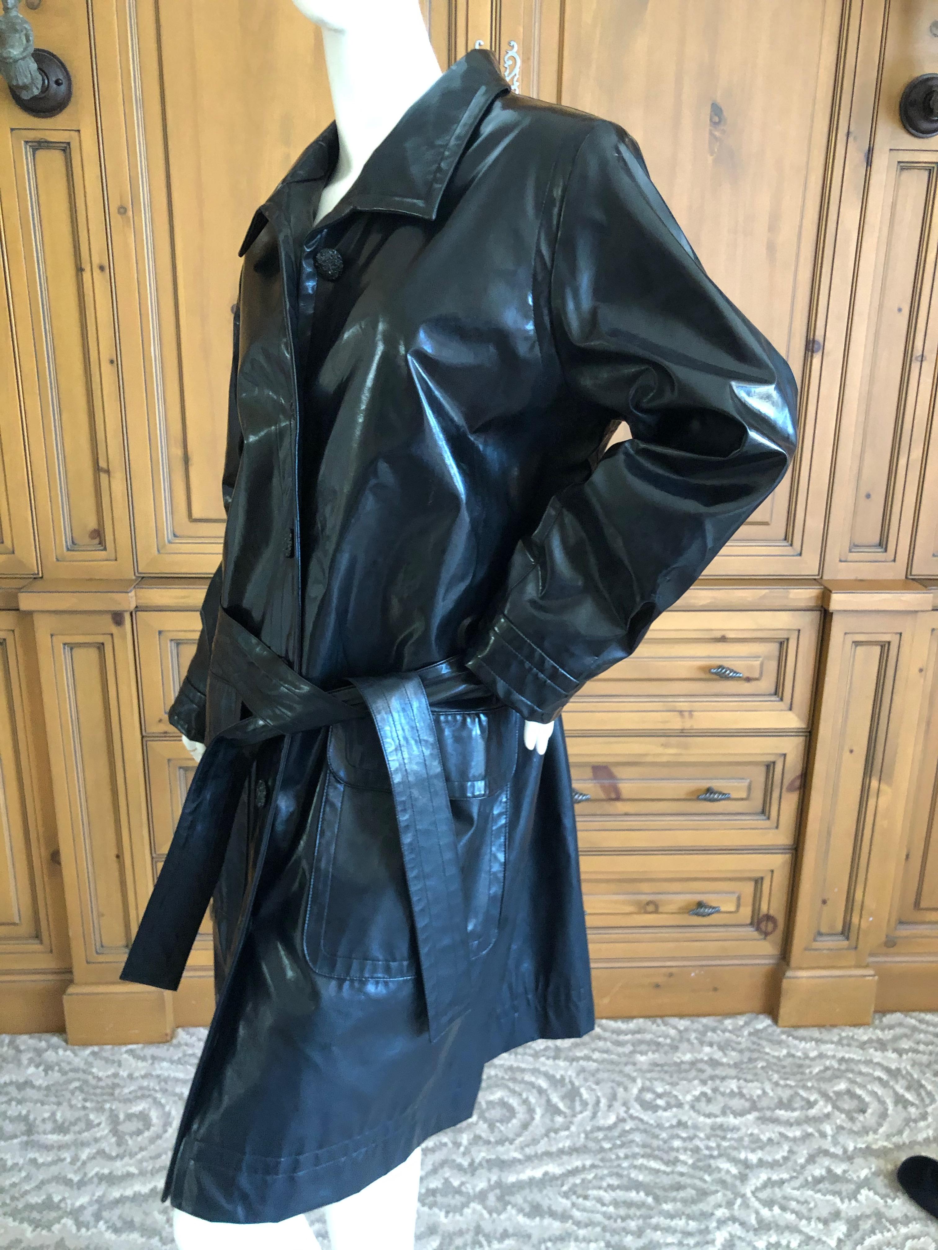 Women's Yves Saint Laurent Rive Gauche Vintage Black Polished Cotton Trench Coat w Belt  For Sale