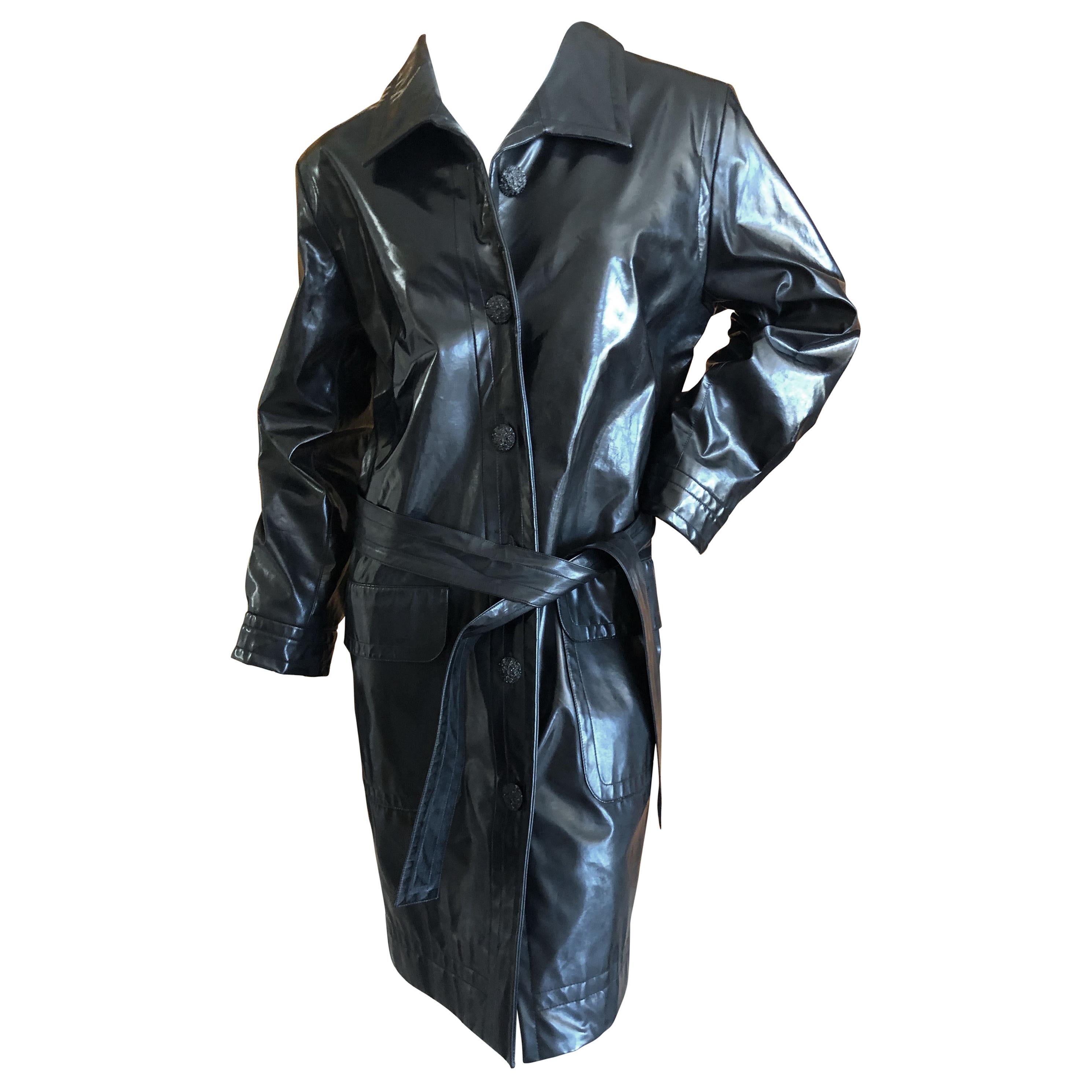 Yves Saint Laurent Rive Gauche Vintage Black Polished Cotton Trench Coat w Belt  For Sale