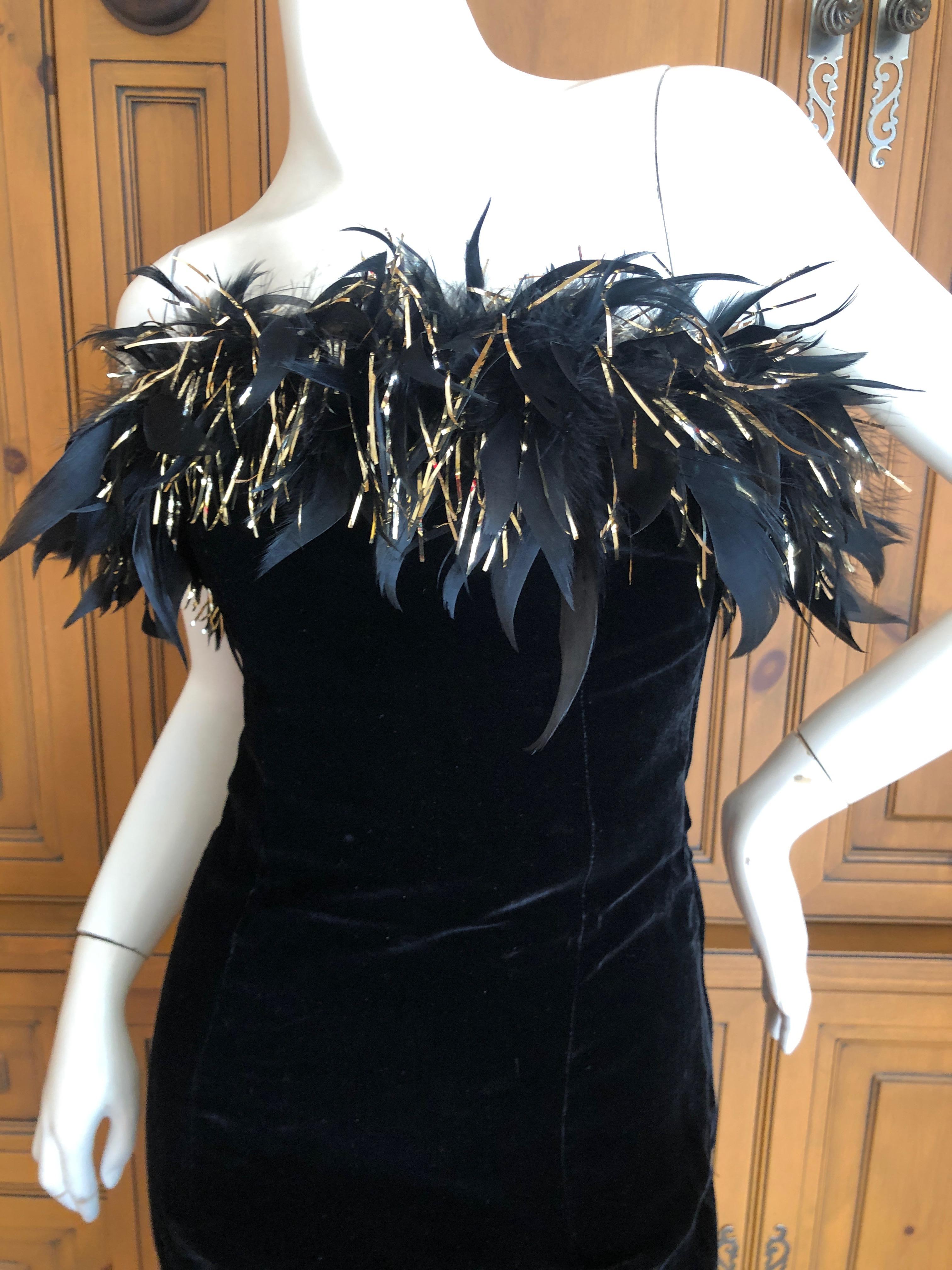 Yves Saint Laurent Rive Gauche Vintage Black Velvet Feather Trim Cocktail Dress In Excellent Condition For Sale In Cloverdale, CA