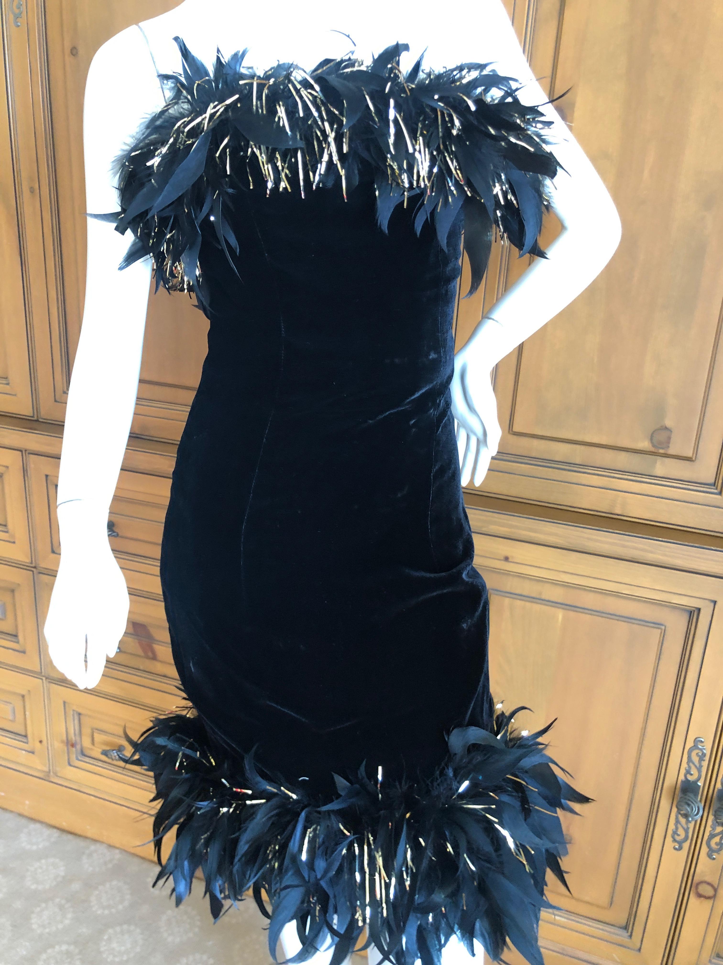 Women's Yves Saint Laurent Rive Gauche Vintage Black Velvet Feather Trim Cocktail Dress For Sale