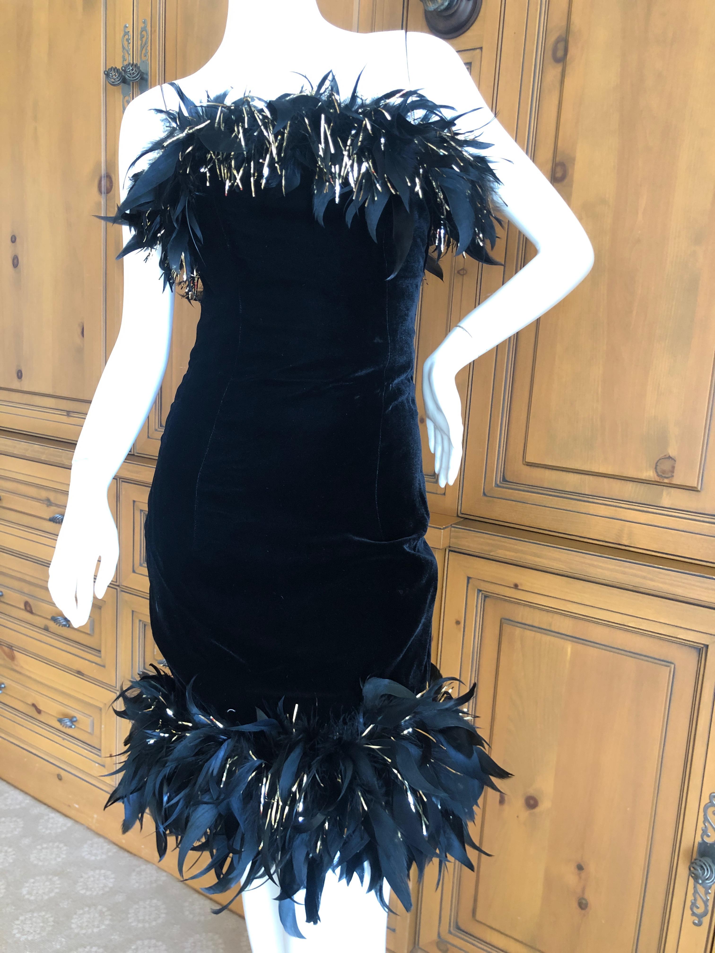 Yves Saint Laurent Rive Gauche Vintage Black Velvet Feather Trim Cocktail Dress For Sale 1
