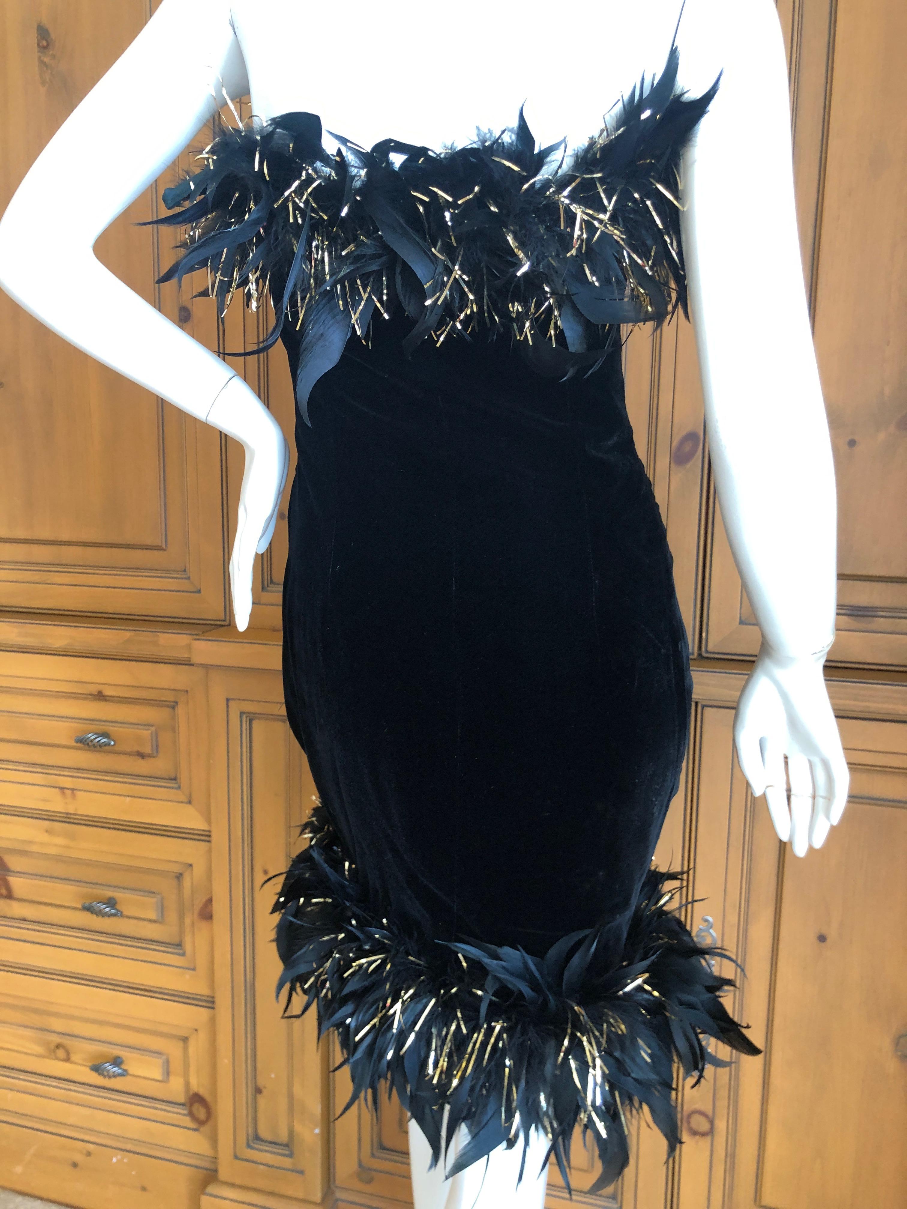 Yves Saint Laurent Rive Gauche Vintage Black Velvet Feather Trim Cocktail Dress For Sale 2