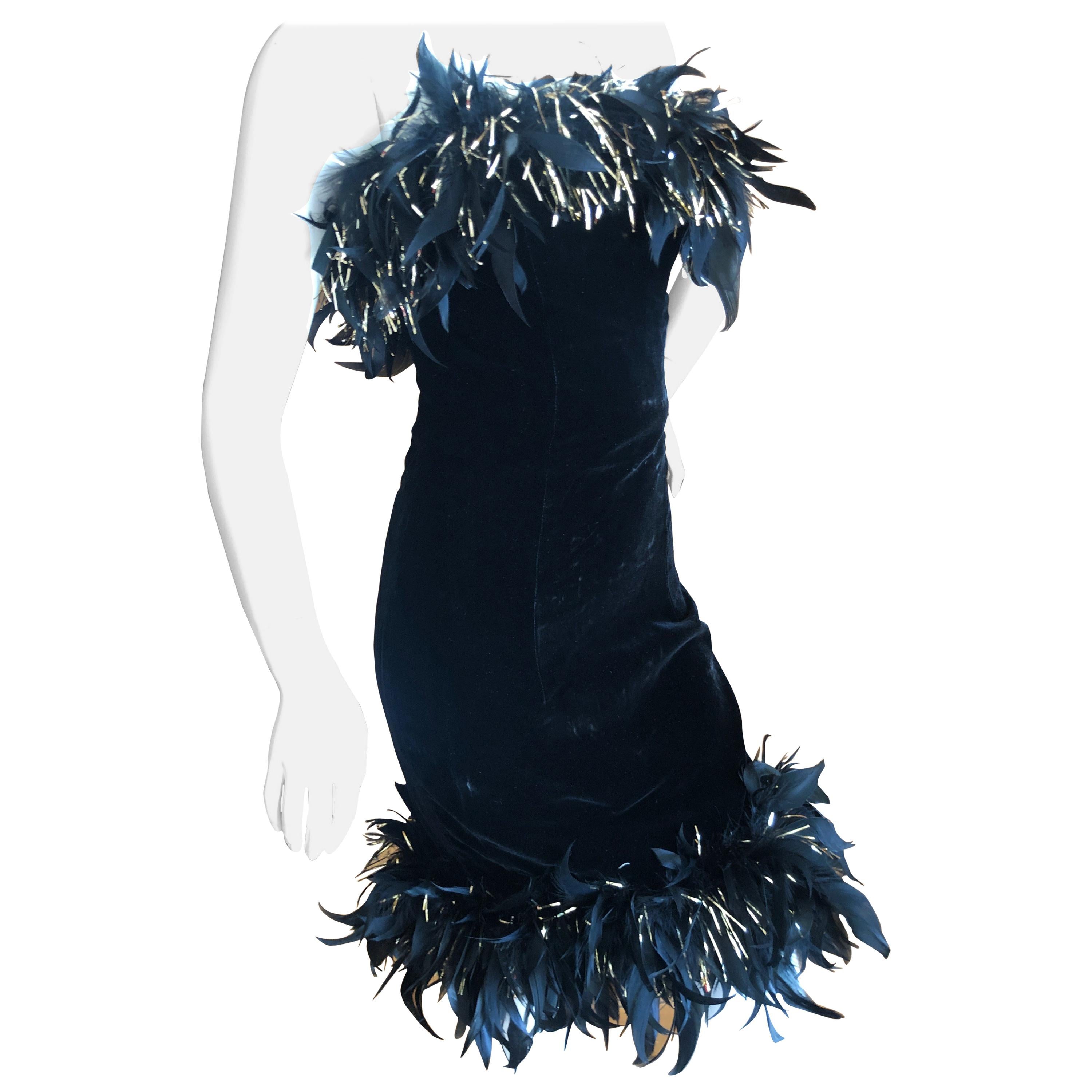 Yves Saint Laurent Rive Gauche Vintage Black Velvet Feather Trim Cocktail Dress For Sale