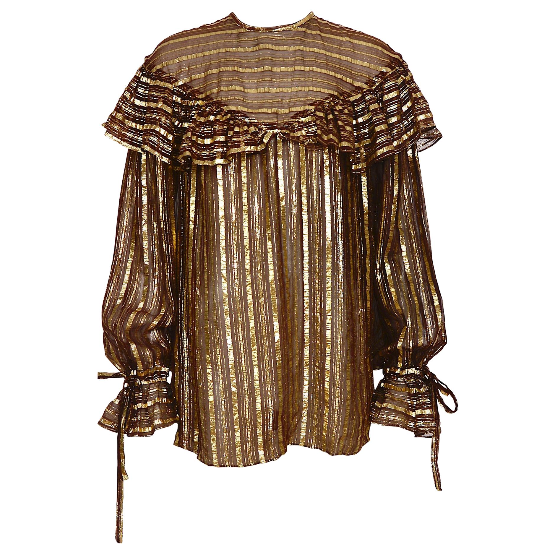 Yves Saint Laurent rive gauche vintage brown silk gold metallic stripes blouse 