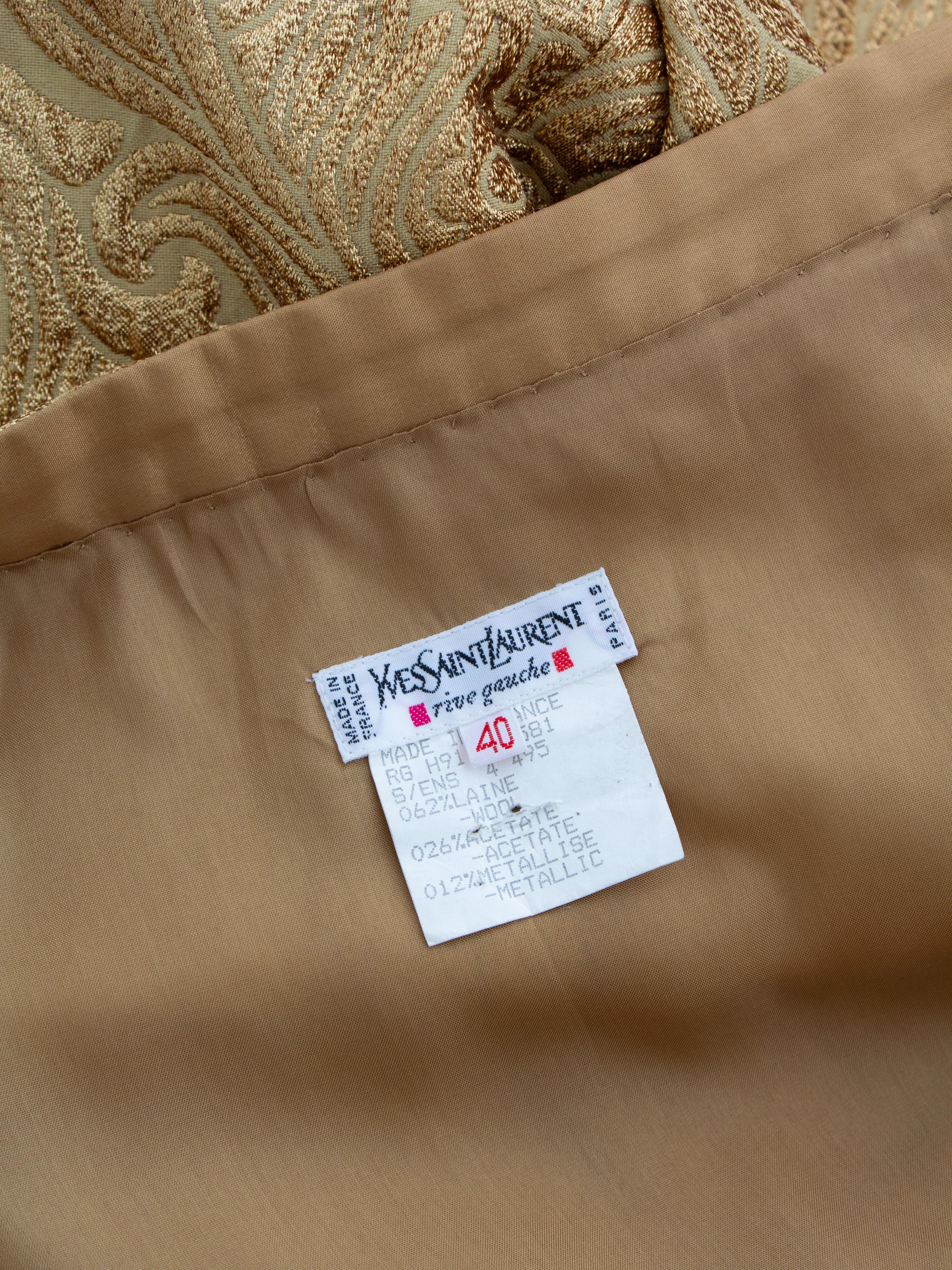 Yves Saint Laurent Rive Gauche Vintage F/W 1991 Gold Brokat Jacke Rock Anzug im Angebot 7