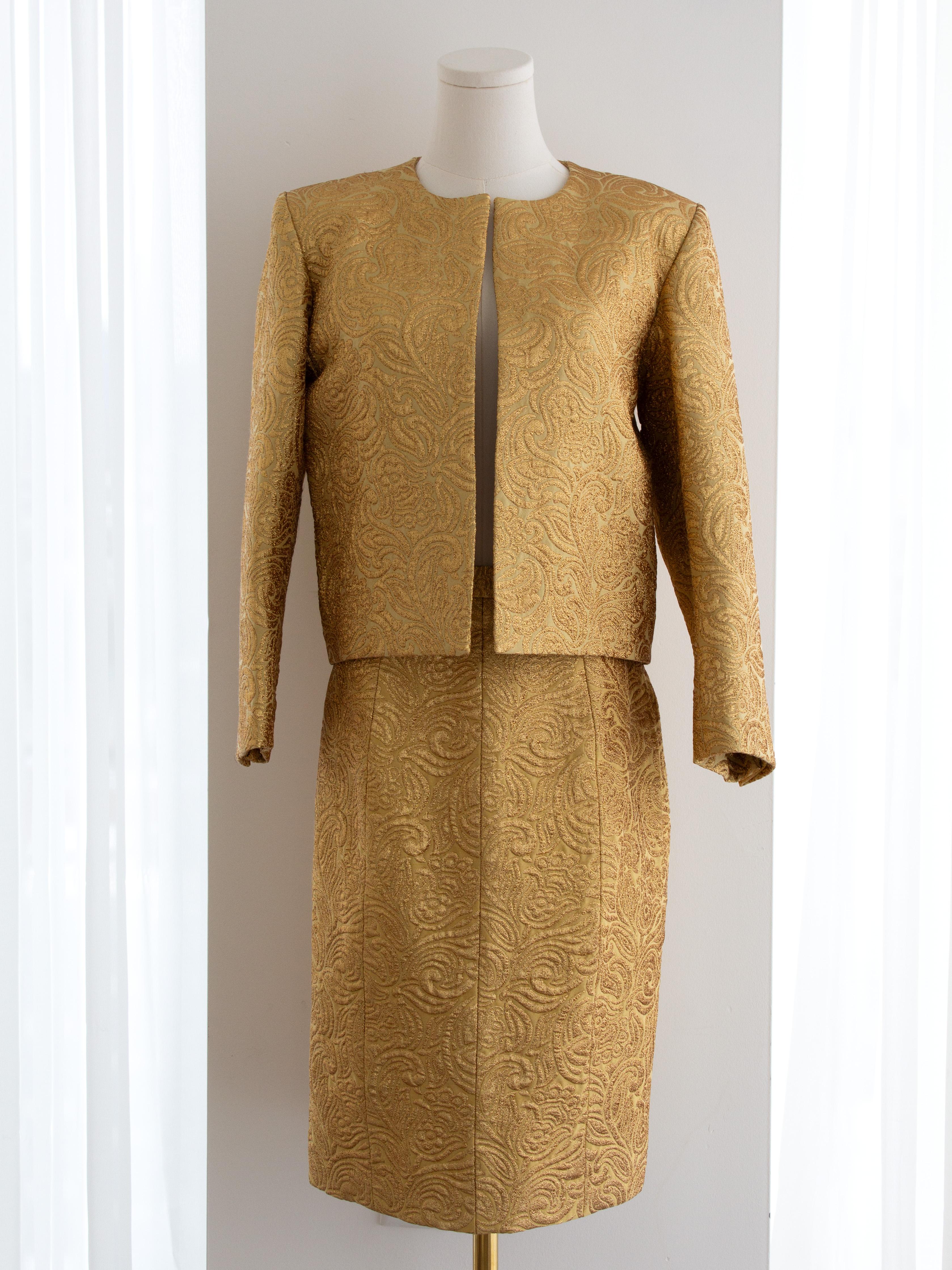 Yves Saint Laurent Rive Gauche Vintage F/W 1991 Gold Brokat Jacke Rock Anzug im Zustand „Gut“ im Angebot in Jersey City, NJ