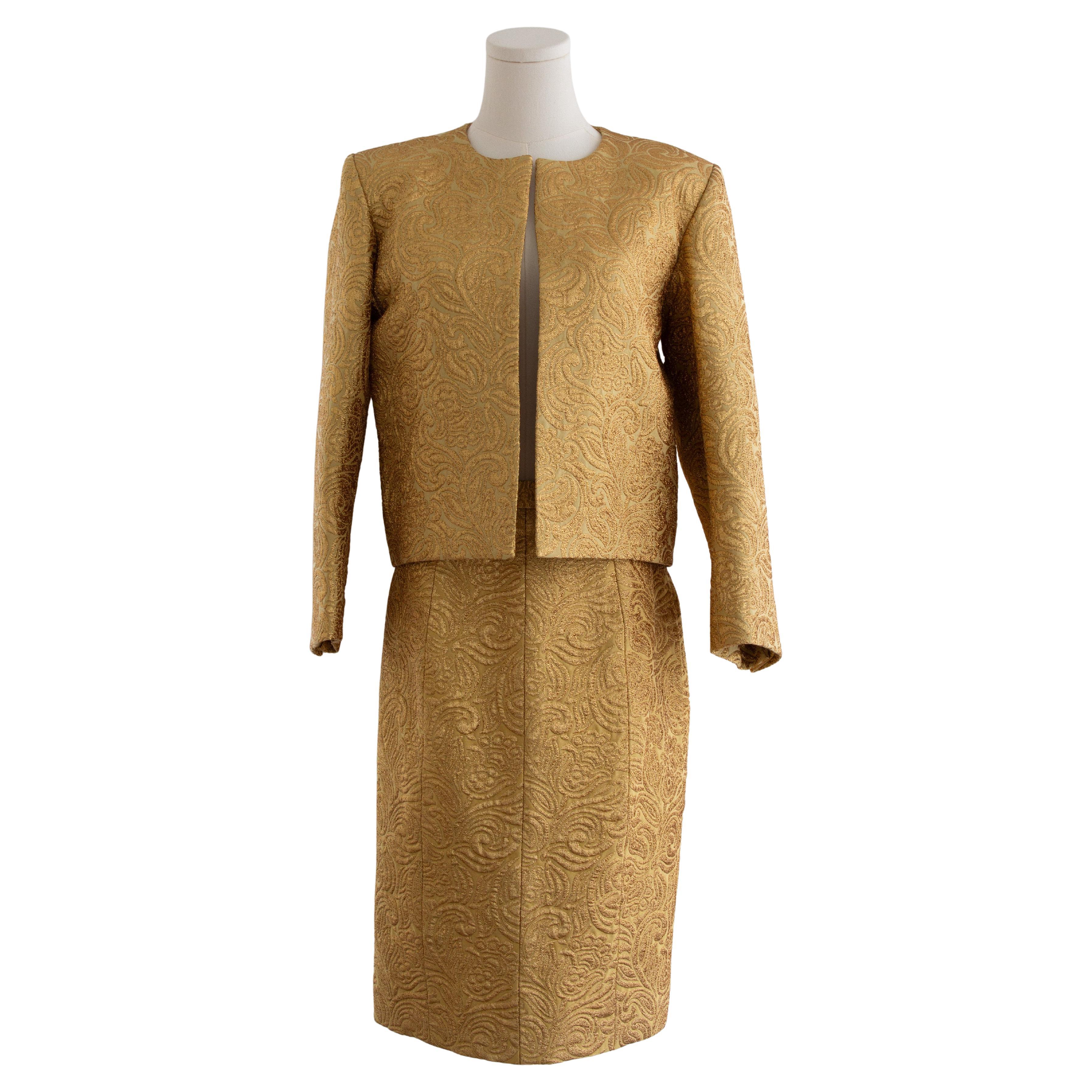 Yves Saint Laurent Rive Gauche Vintage A/I 1991 Abito Giacca Gonna Broccato Oro